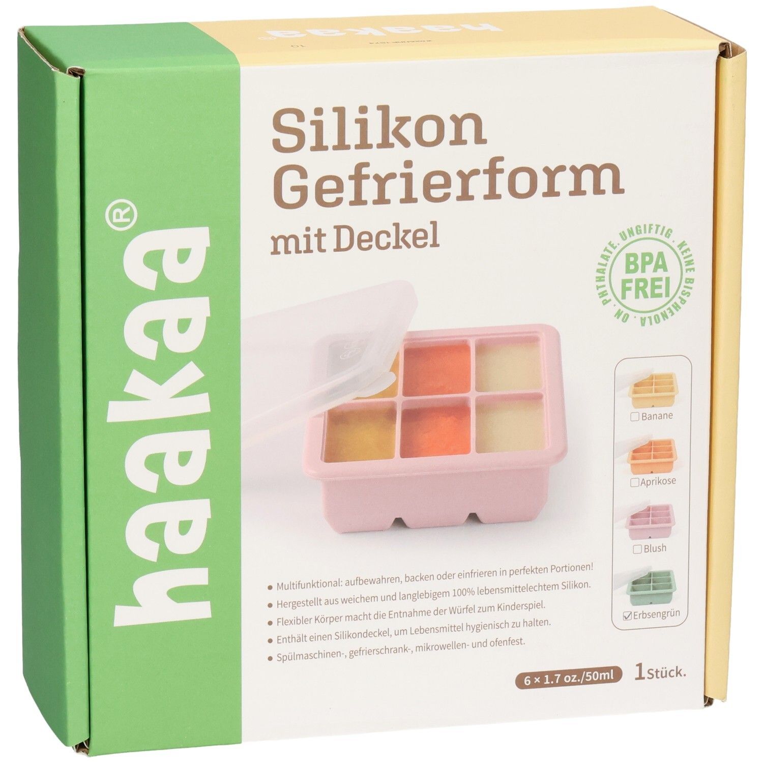 Haakaa Silikon Gefrierform mit Deckel, 6 Fächer, BPA-frei, rosa.