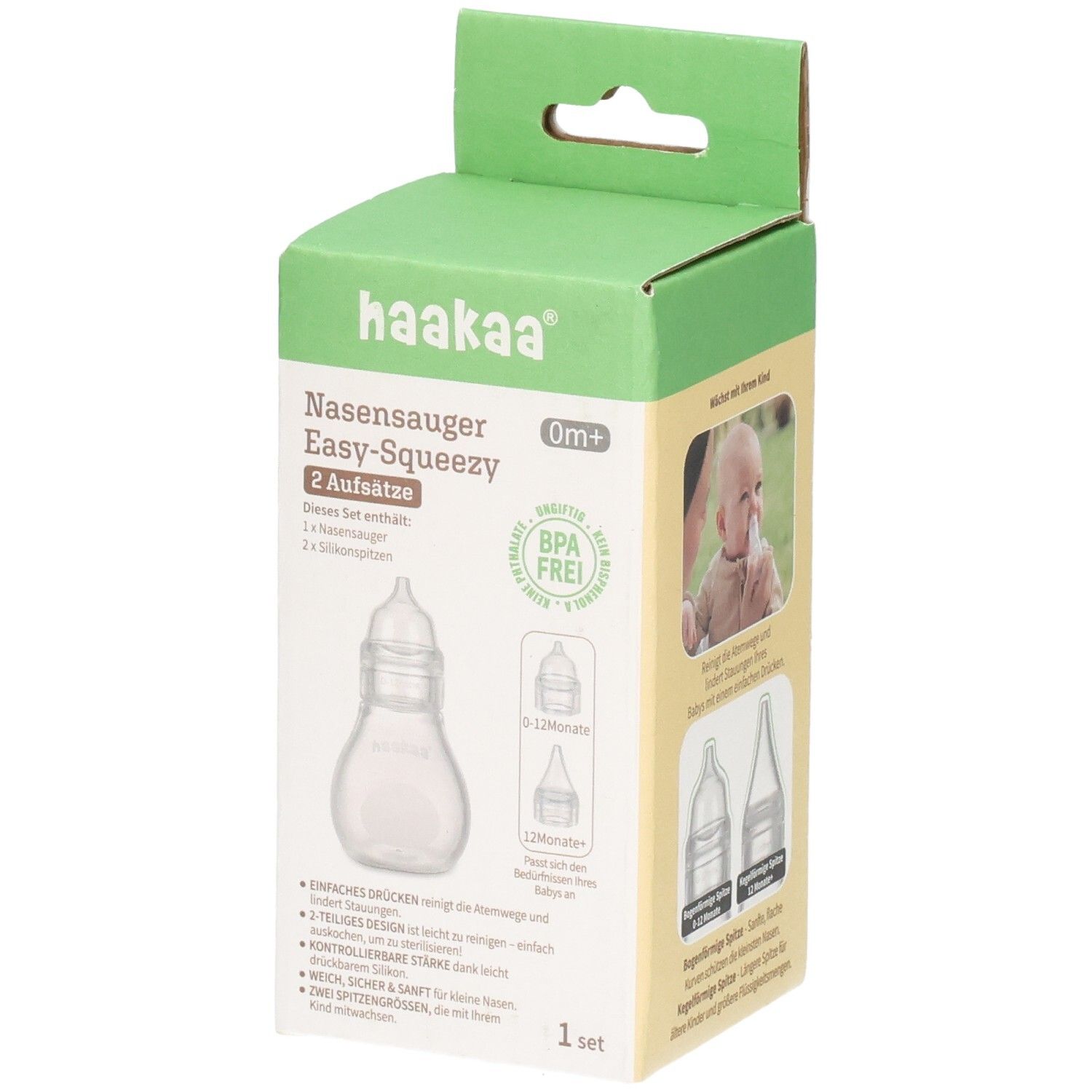 Haakaa Nasensauger Easy-Squeezy Verpackung mit 2 Aufsätzen, BPA-frei.