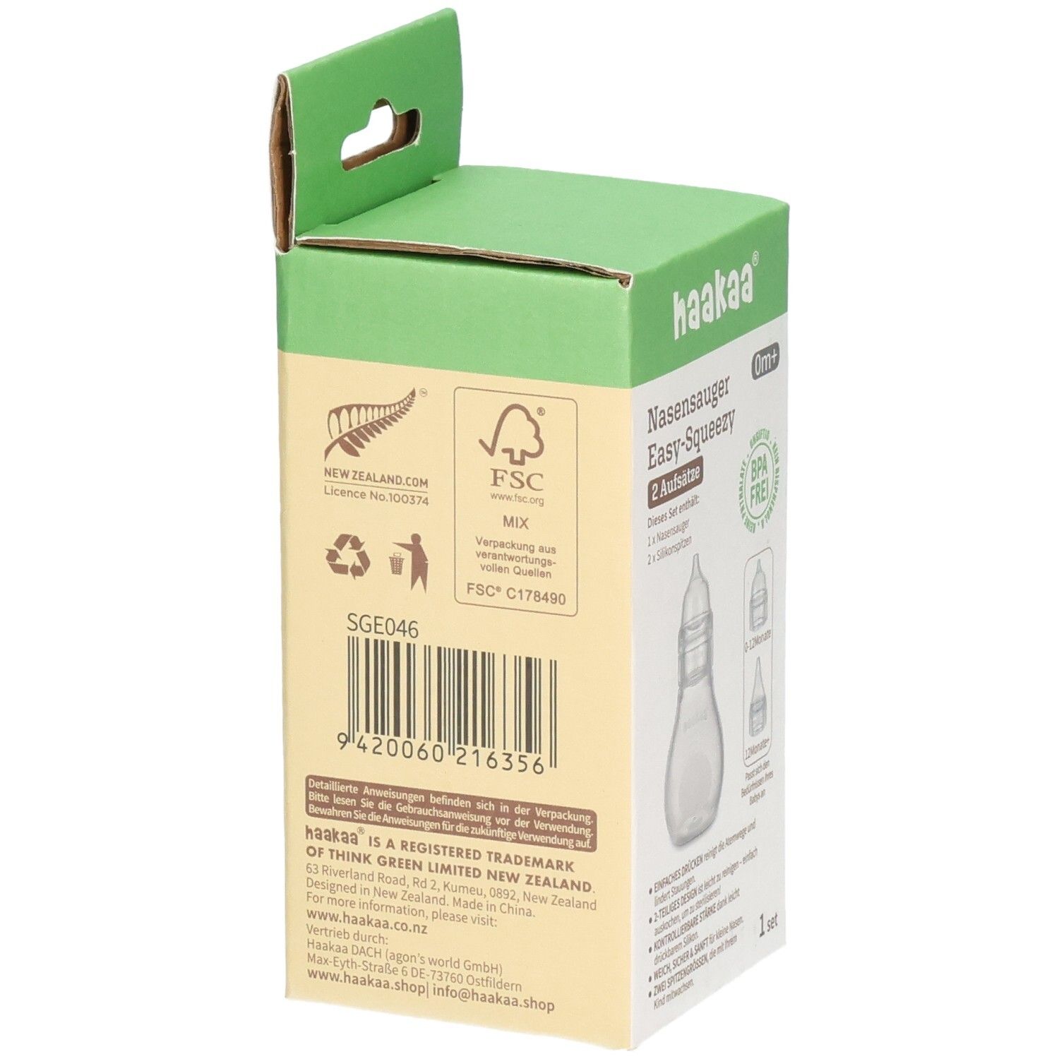 Rückseite der Haakaa Nasensauger Easy-Squeezy Verpackung mit FSC-Logo und Barcode.