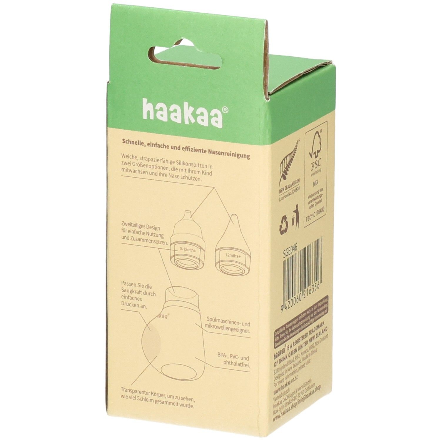Seitenansicht der Haakaa Nasensauger Easy-Squeezy Verpackung mit Produktabbildung.