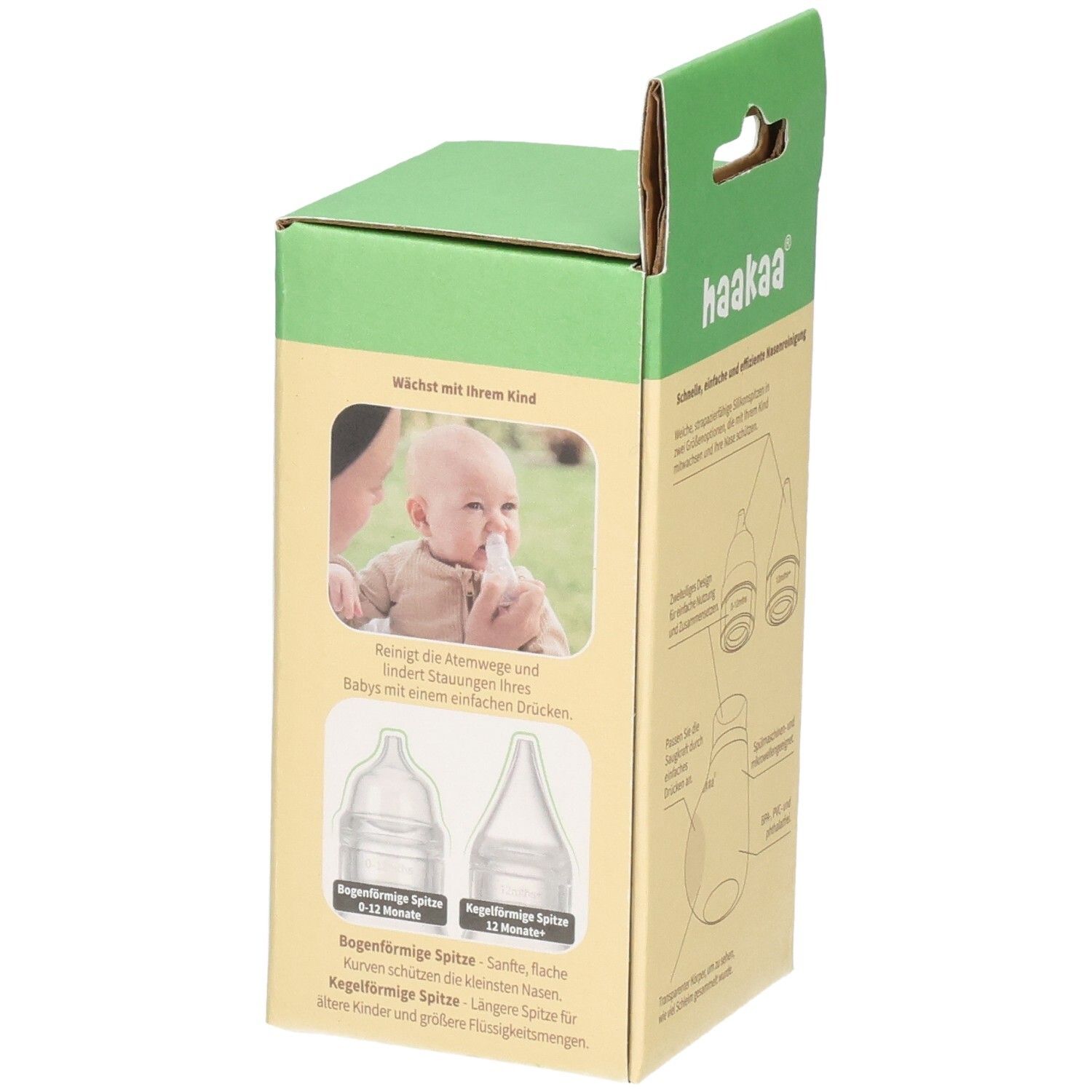 Haakaa Nasensauger Easy-Squeezy Verpackung mit Bild eines Babys und zwei Aufsätzen.