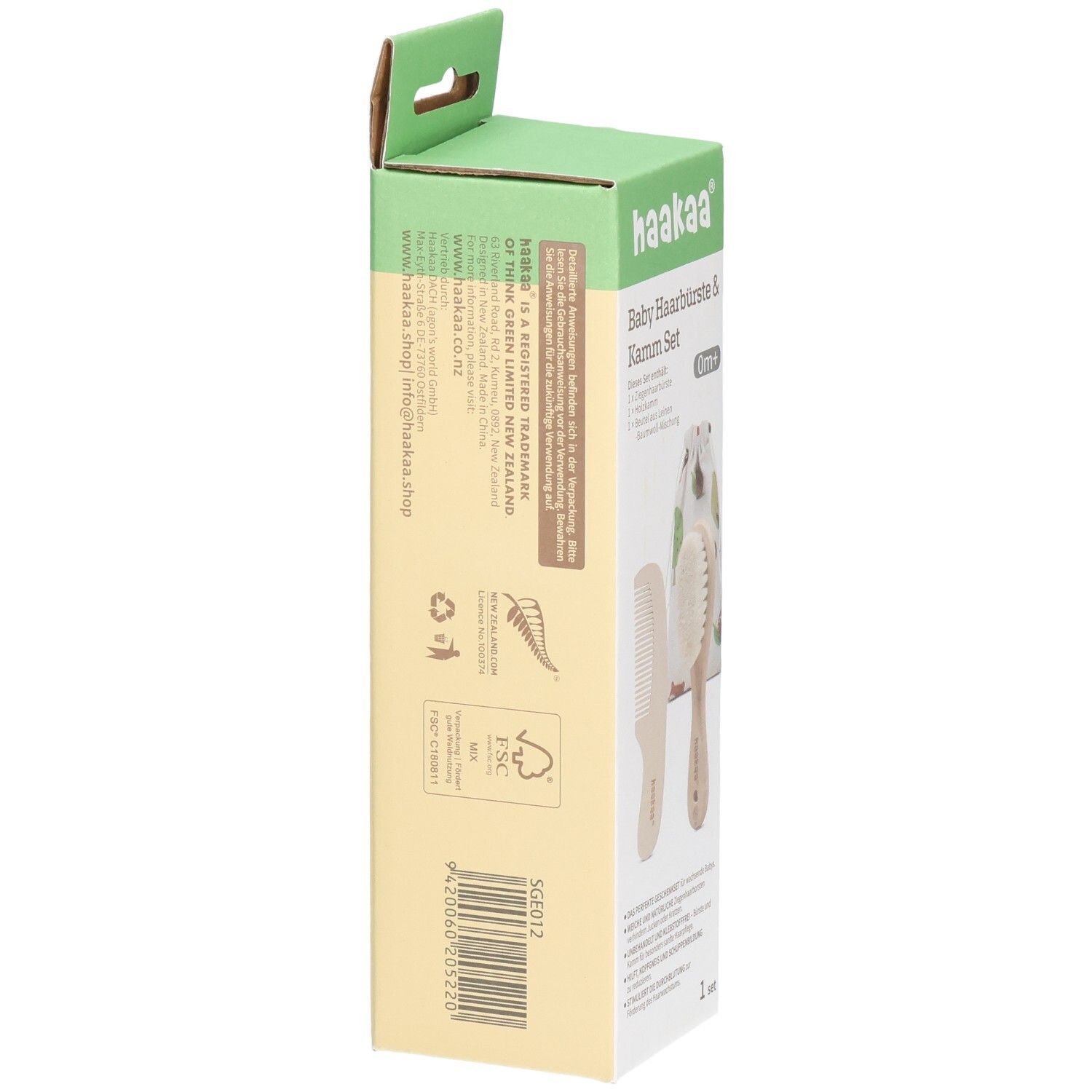 Rückseite der OVP des Haakaa Baby Haarbürste & Kamm Sets mit Produktinformationen und Barcode.