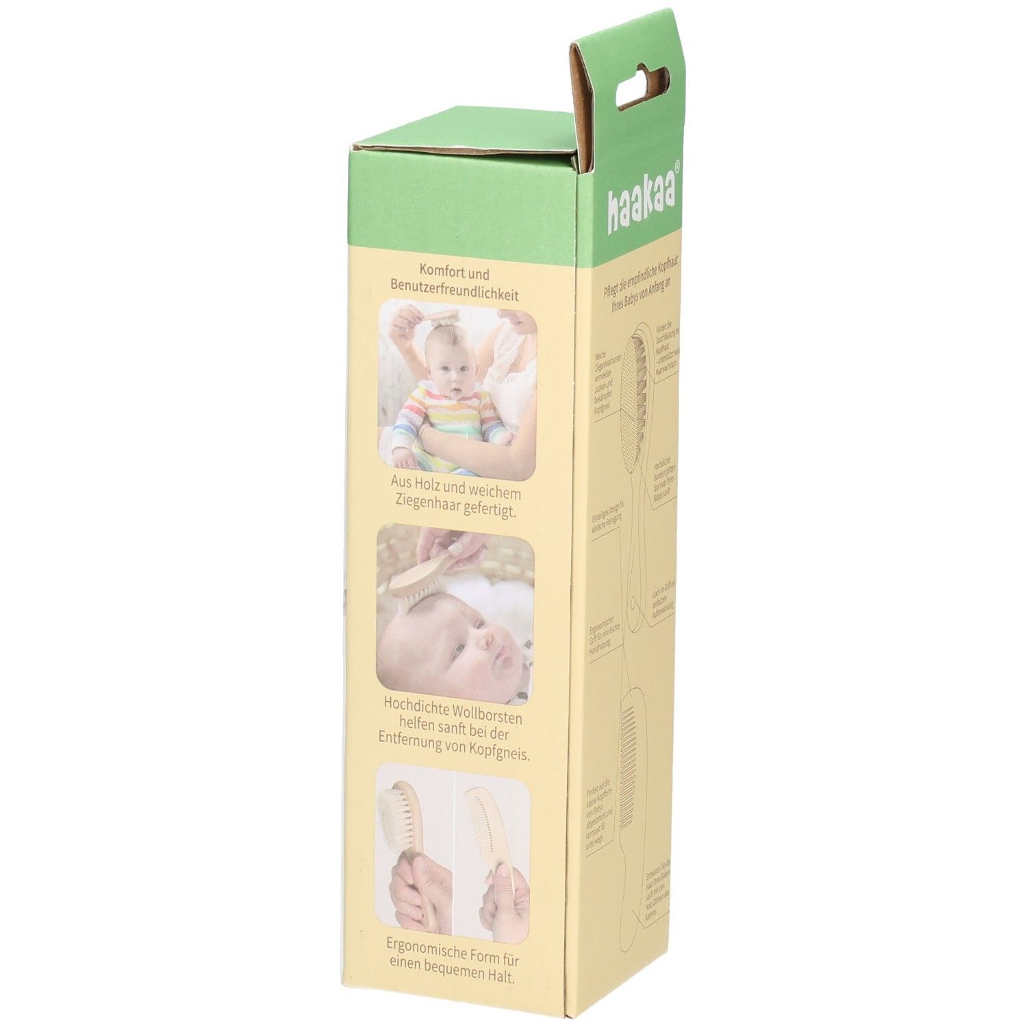 Seitenansicht der OVP des Haakaa Baby Haarbürste & Kamm Sets mit Anwendungsbildern und Produktmerkmalen.