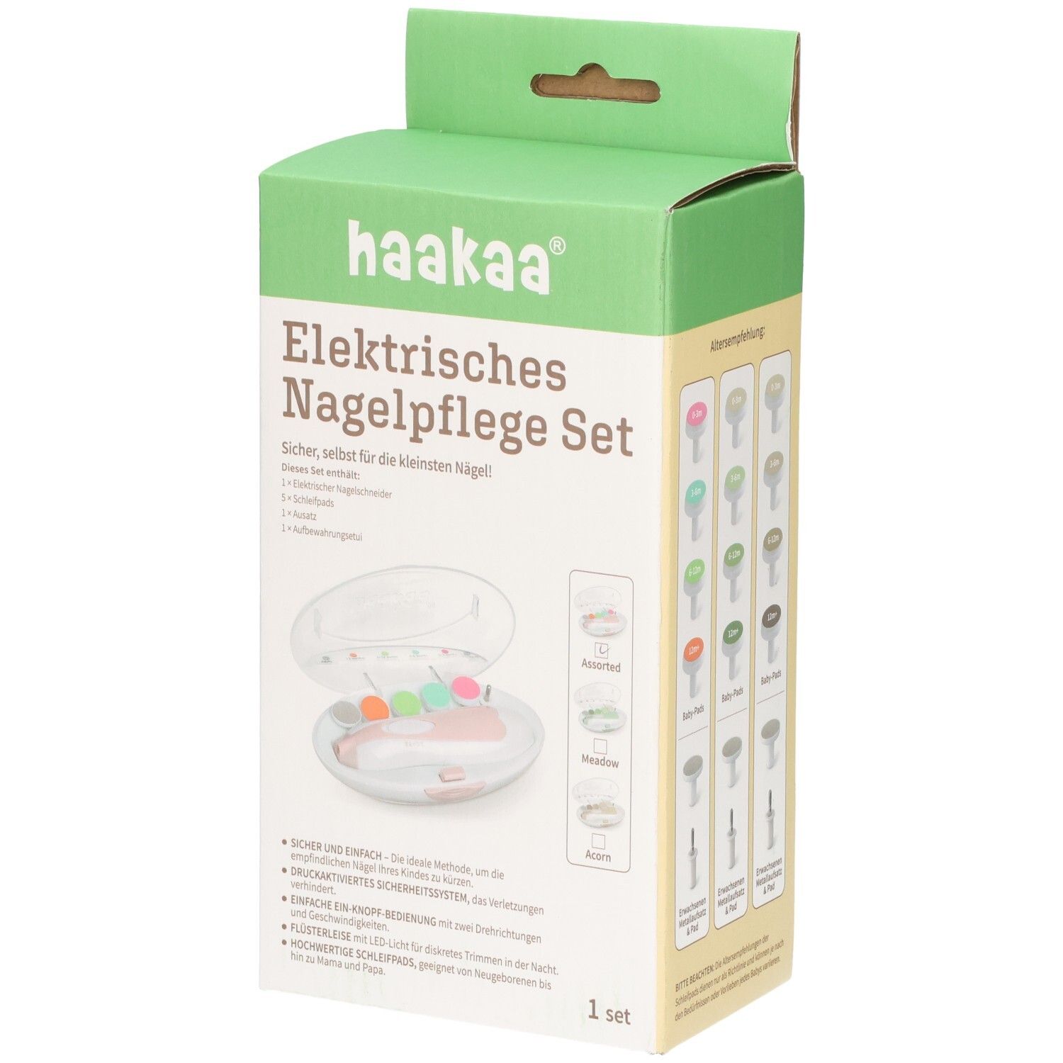 Haakaa Elektrisches Nagelpflege Set mit Aufsätzen in verschiedenen Farben und einem transparenten Etui.