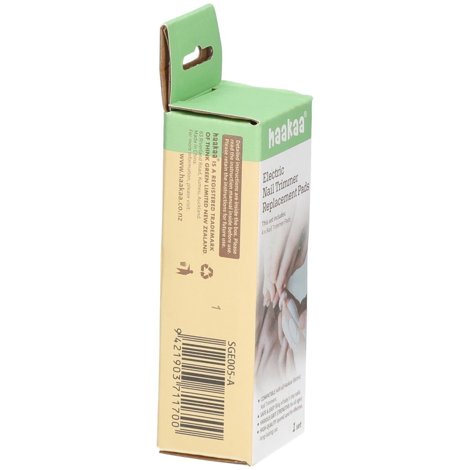 Haakaa Ersatz-Pads für Nagelpflege Set: Seitenansicht der Kartonverpackung mit Barcode und Herstellerinformationen.