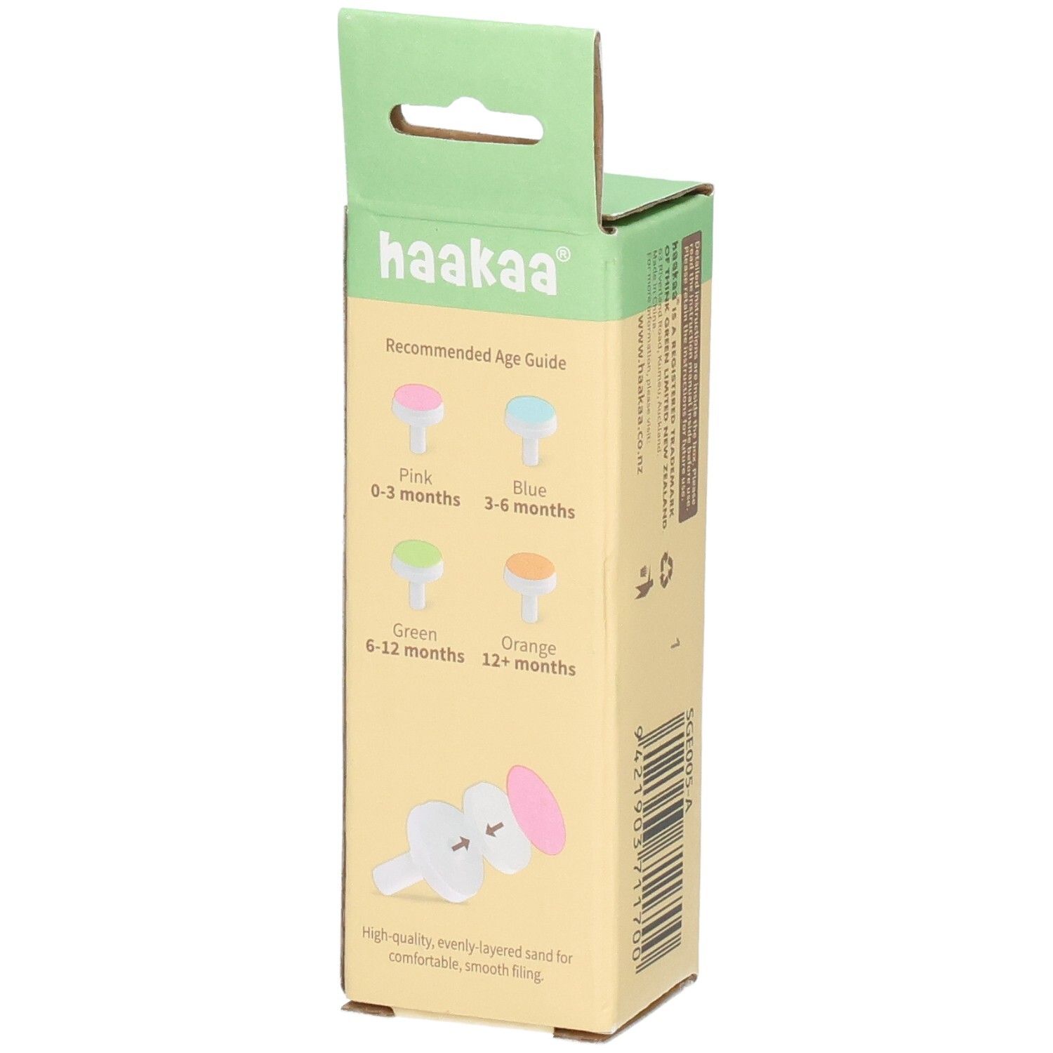Haakaa Ersatz-Pads für Nagelpflege Set: Übersicht der Schleifpads nach Altersgruppen (Pink 0-3M, Blau 3-6M, Grün 6-12M, Orange 12M+).