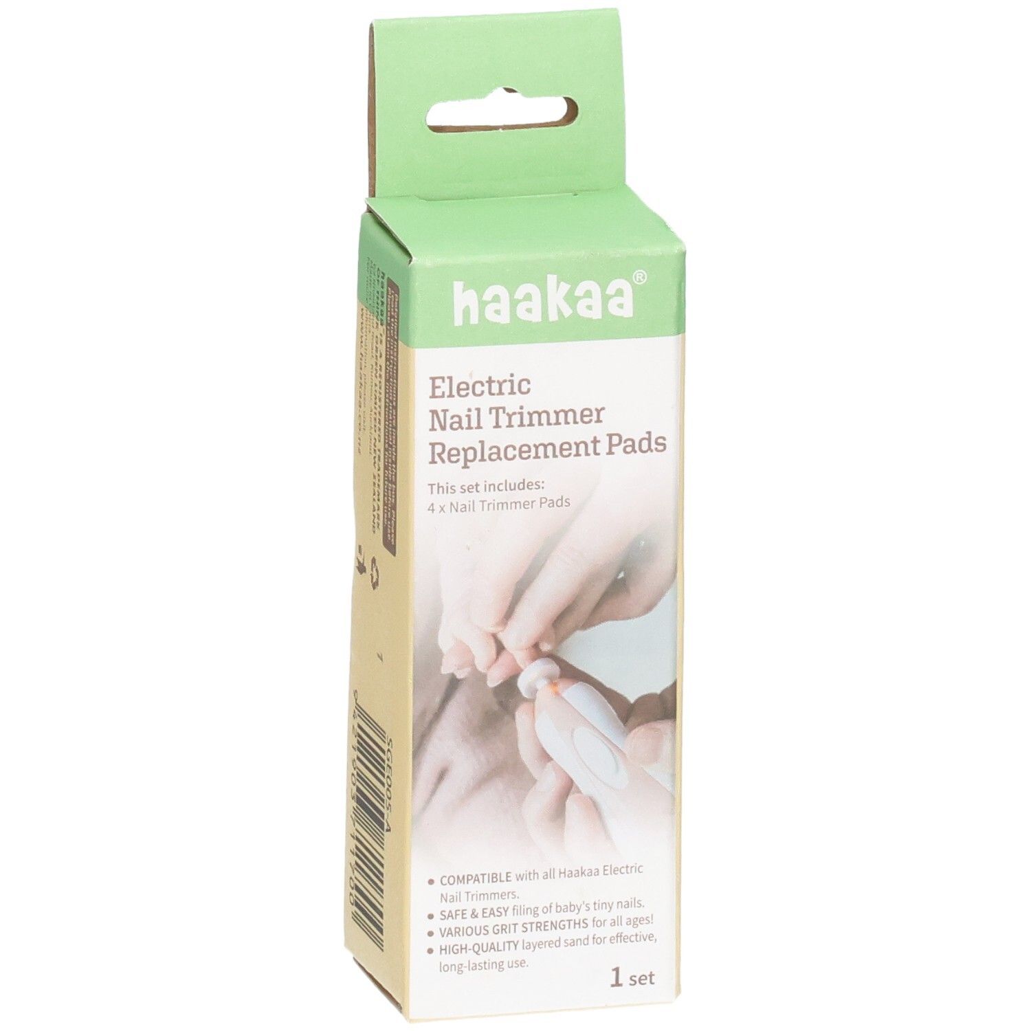 Haakaa Ersatz-Pads für Nagelpflege Set: 4x Schleifpads für elektrische Babynagelfeile. Kartonverpackung mit Produktabbildung.