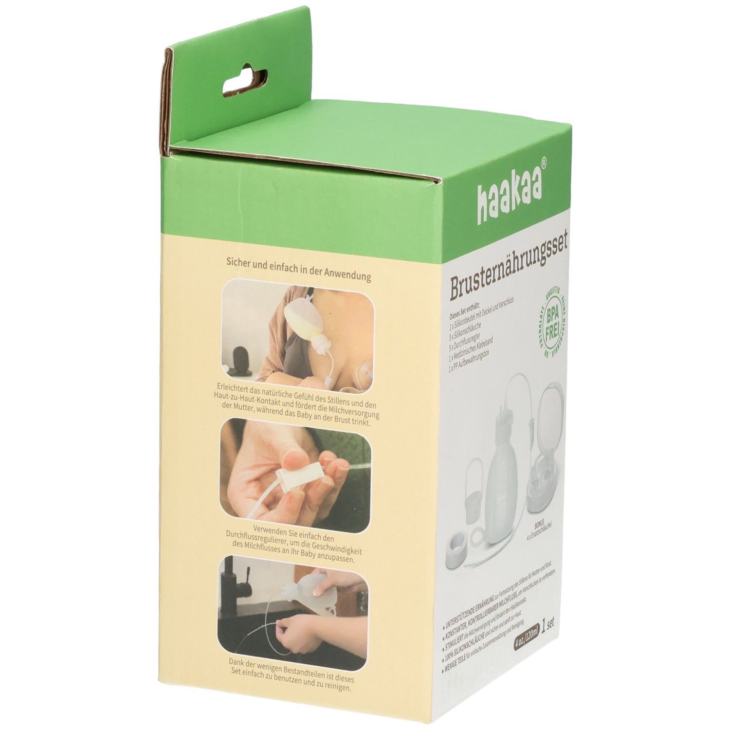 Haakaa Brusternährungsset: Verpackung mit Anwendungshinweisen und Produktabbildung. BPA-frei.