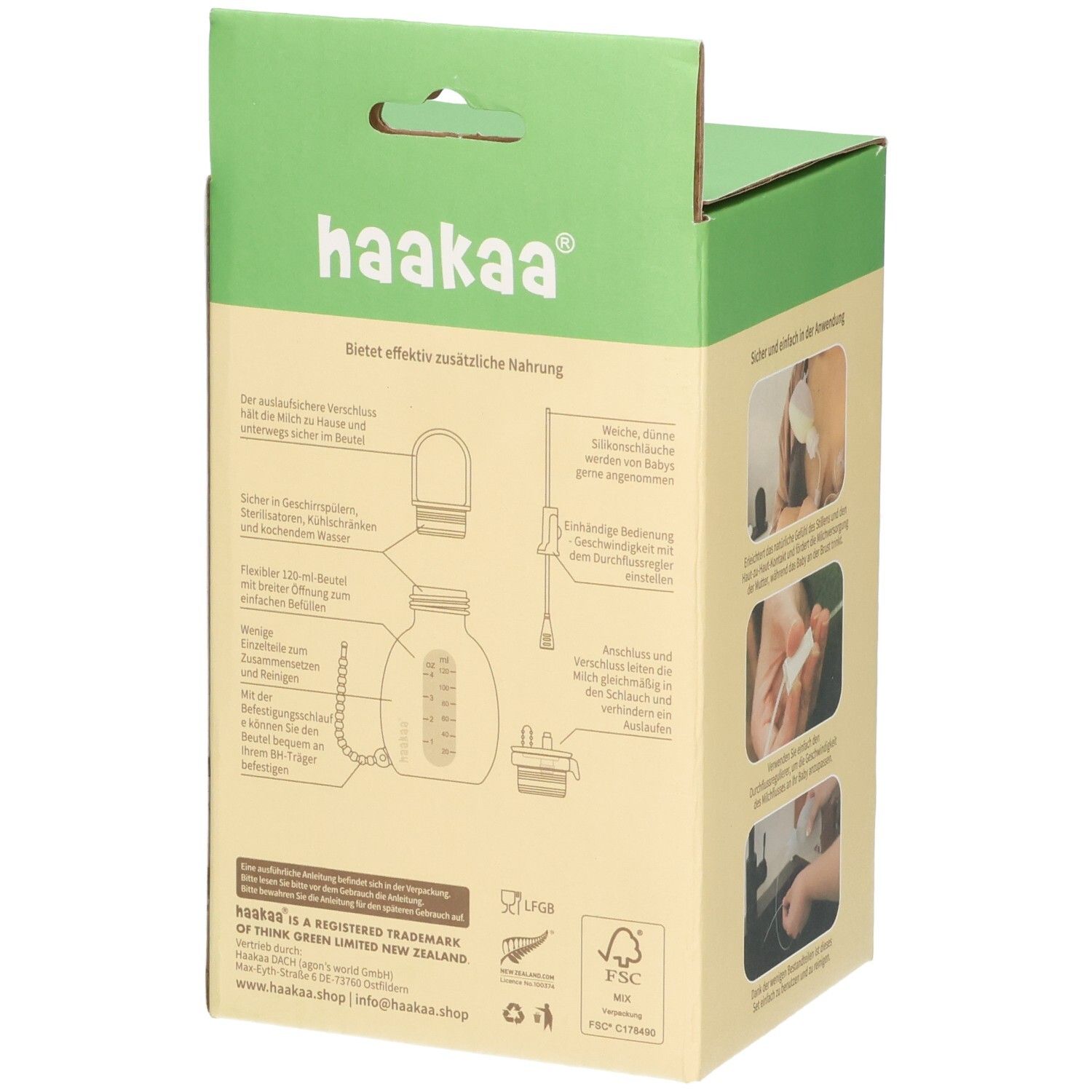 Haakaa Brusternährungsset: Rückseite der Verpackung mit detaillierter Produktbeschreibung und Anwendungshinweisen.