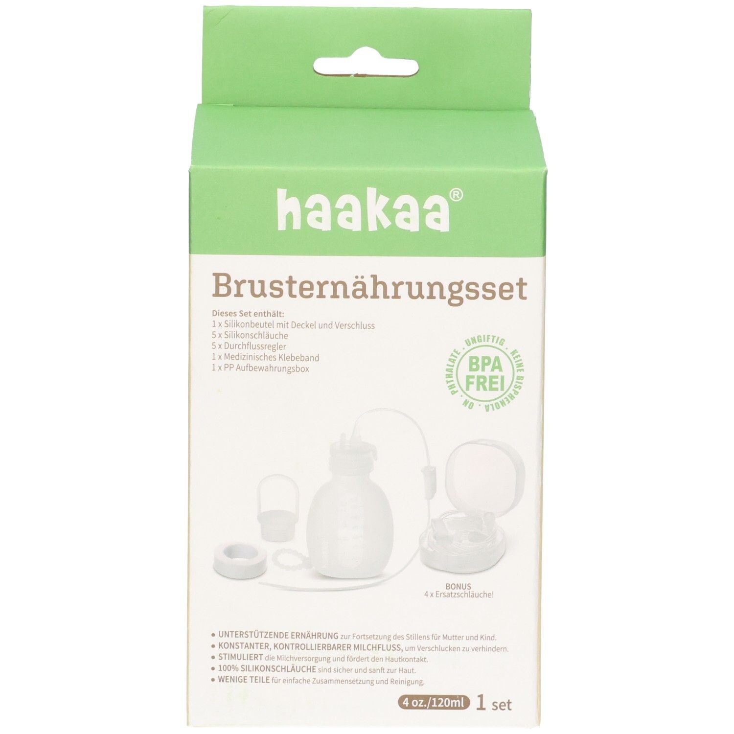 Haakaa Brusternährungsset: Vorderseite der Verpackung mit Produktabbildung, Inhaltsliste und BPA-frei Siegel.