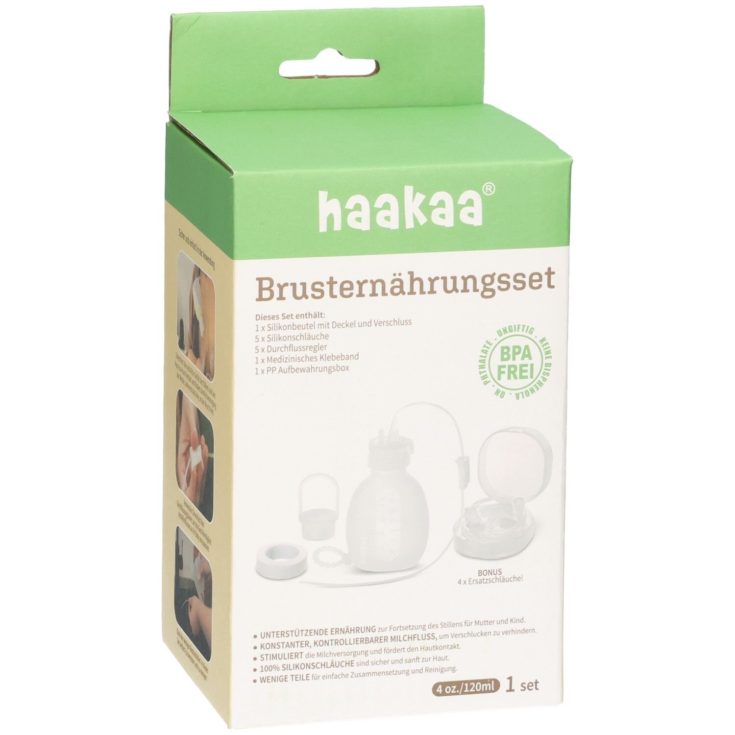 Haakaa Brusternährungsset: Vorderseite der Verpackung mit Produktabbildung, Inhaltsliste und BPA-frei Siegel.