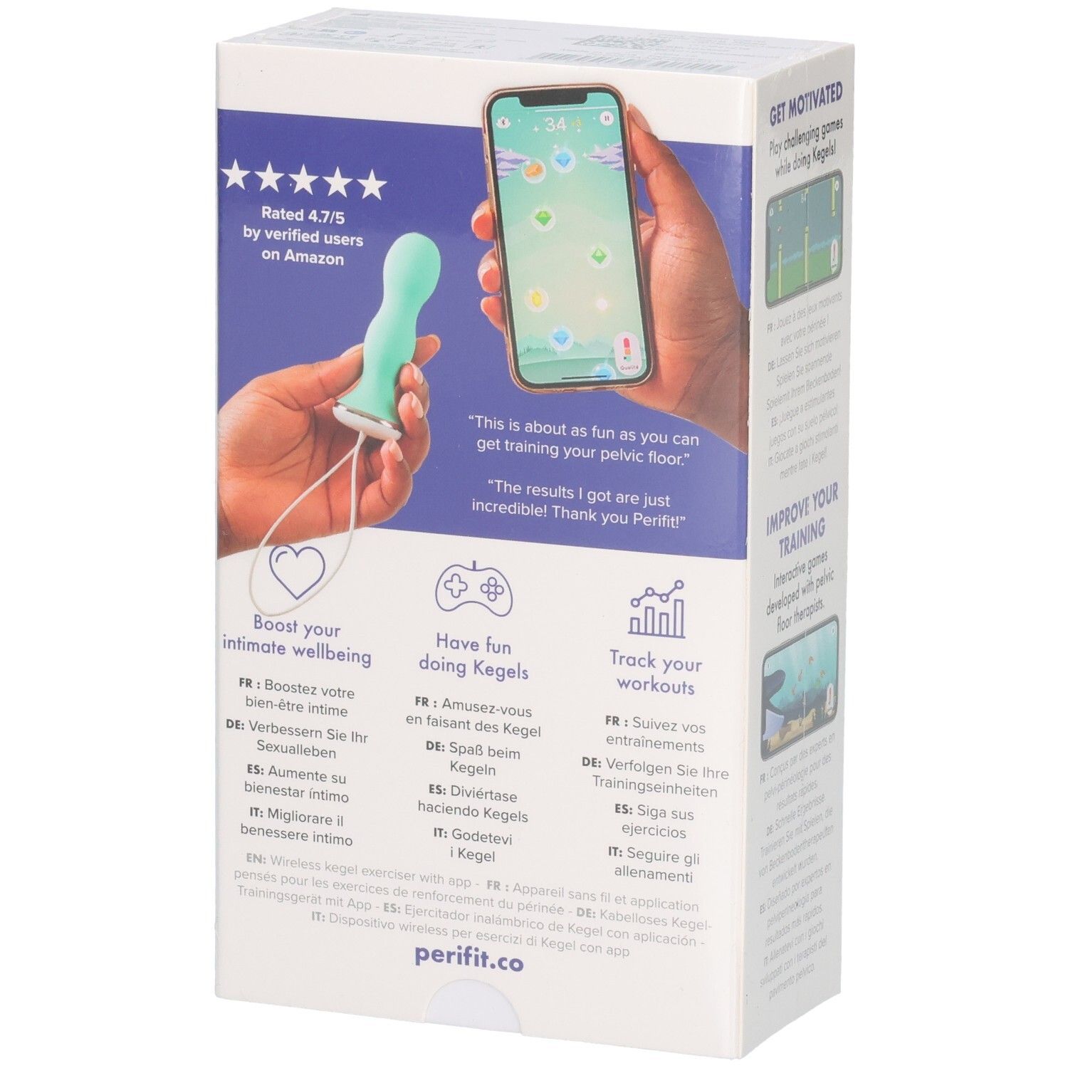 Weiße Produktverpackung mit lila Schriftzug: Kegel Exerciser with App. Logo: Perifit. Text: Confidence from the inside out. App-Dashboard-Abbildung.
