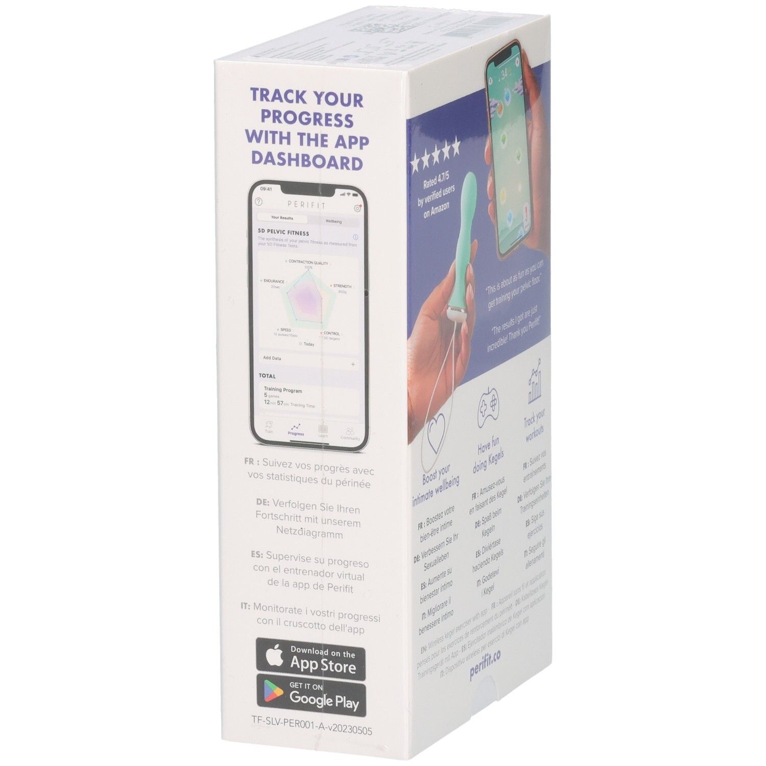 Weiße Produktverpackung. Text: Kegel Exerciser with App. Logo: Perifit. Illustrationen von App-Spielen und Texten in mehreren Sprachen. Text: Get motivated.