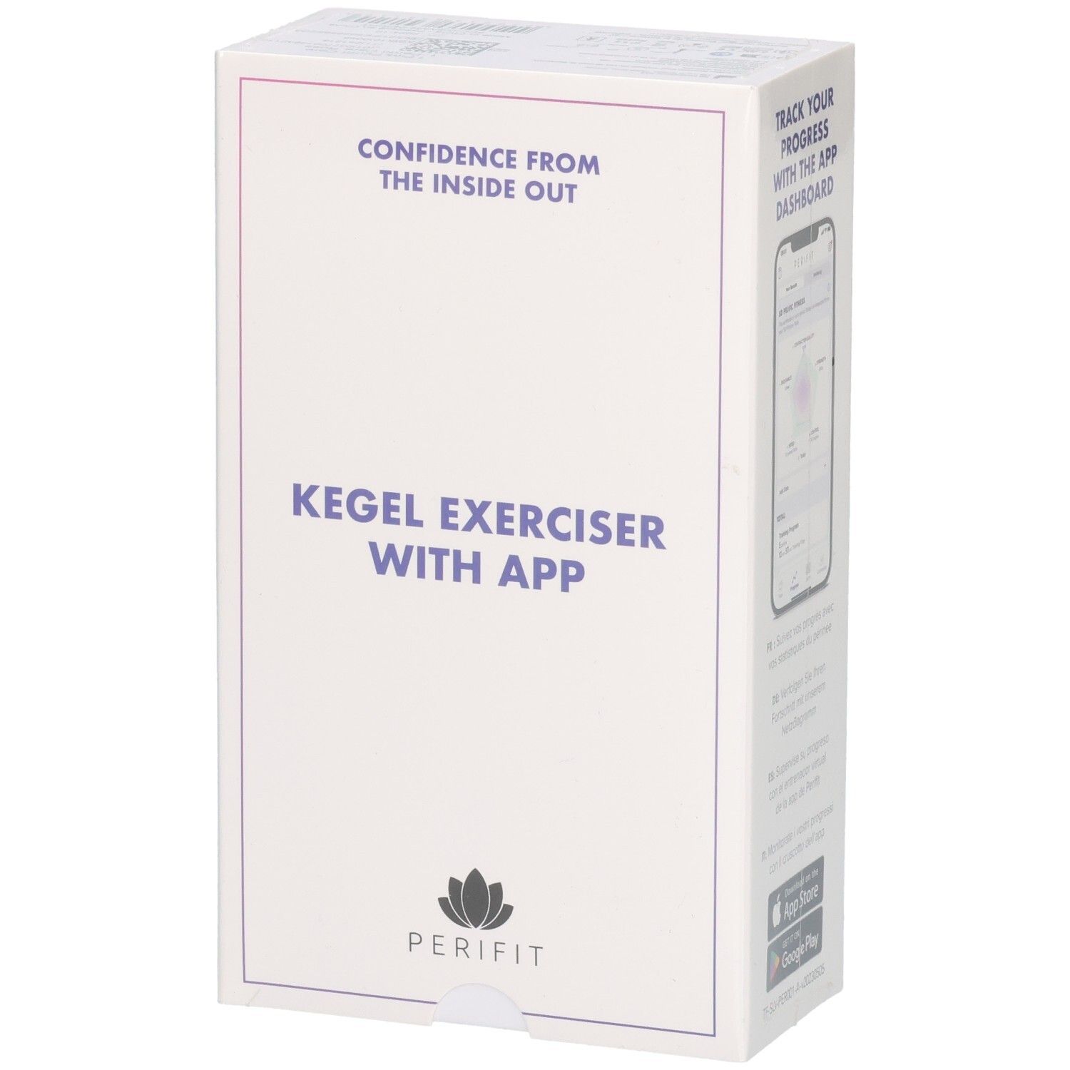 Produktverpackung. Hand hält Beckenbodentrainer und Smartphone. Text: Boost your intimate wellbeing. Logo: Perifit. Sterne-Bewertung. App-Illustration. Text in mehreren Sprachen.