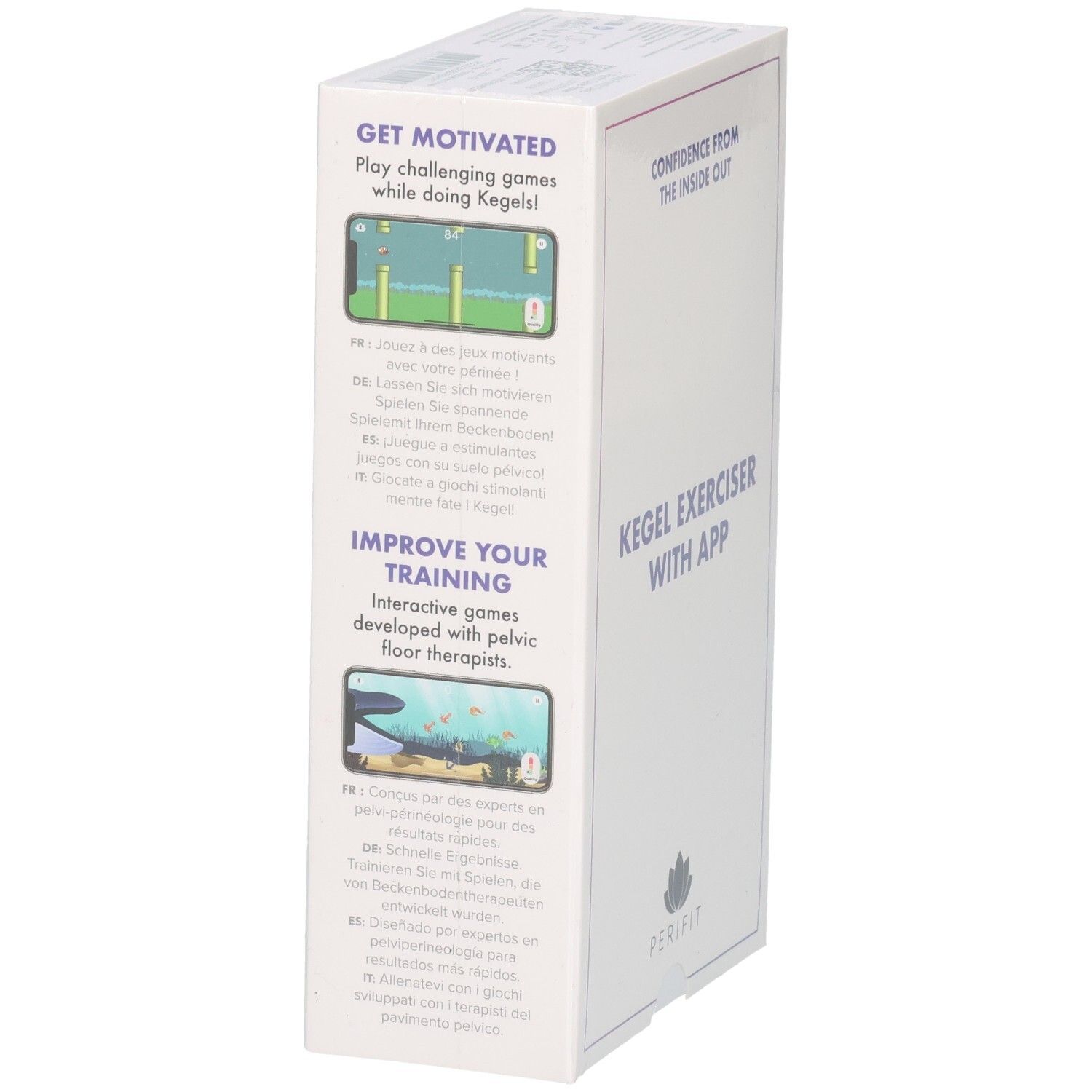 Produktverpackung. Smartphone-Abbildung mit App-Dashboard. Text: Track your progress with the app dashboard. Logo: Perifit. App Store und Google Play Logos.