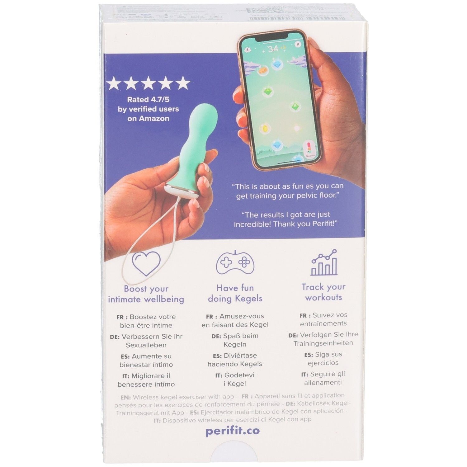 Weiße Produktverpackung. Text: Kegel Exerciser with App. Logo: Perifit. Text: Confidence from the inside out. Lila Rahmen.