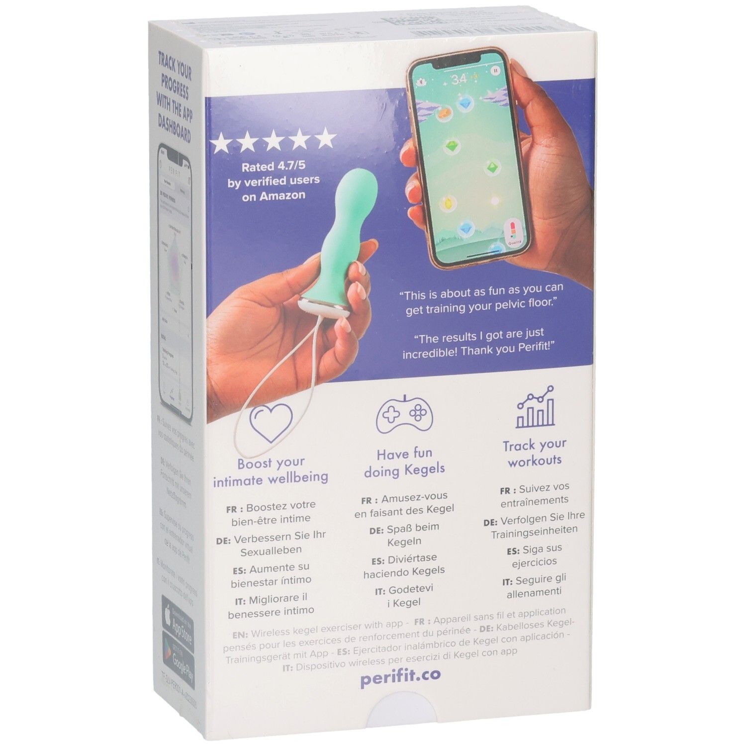 Weiße Produktverpackung. Text: Kegel Exerciser with App. Logo: Perifit. Text: Confidence from the inside out.