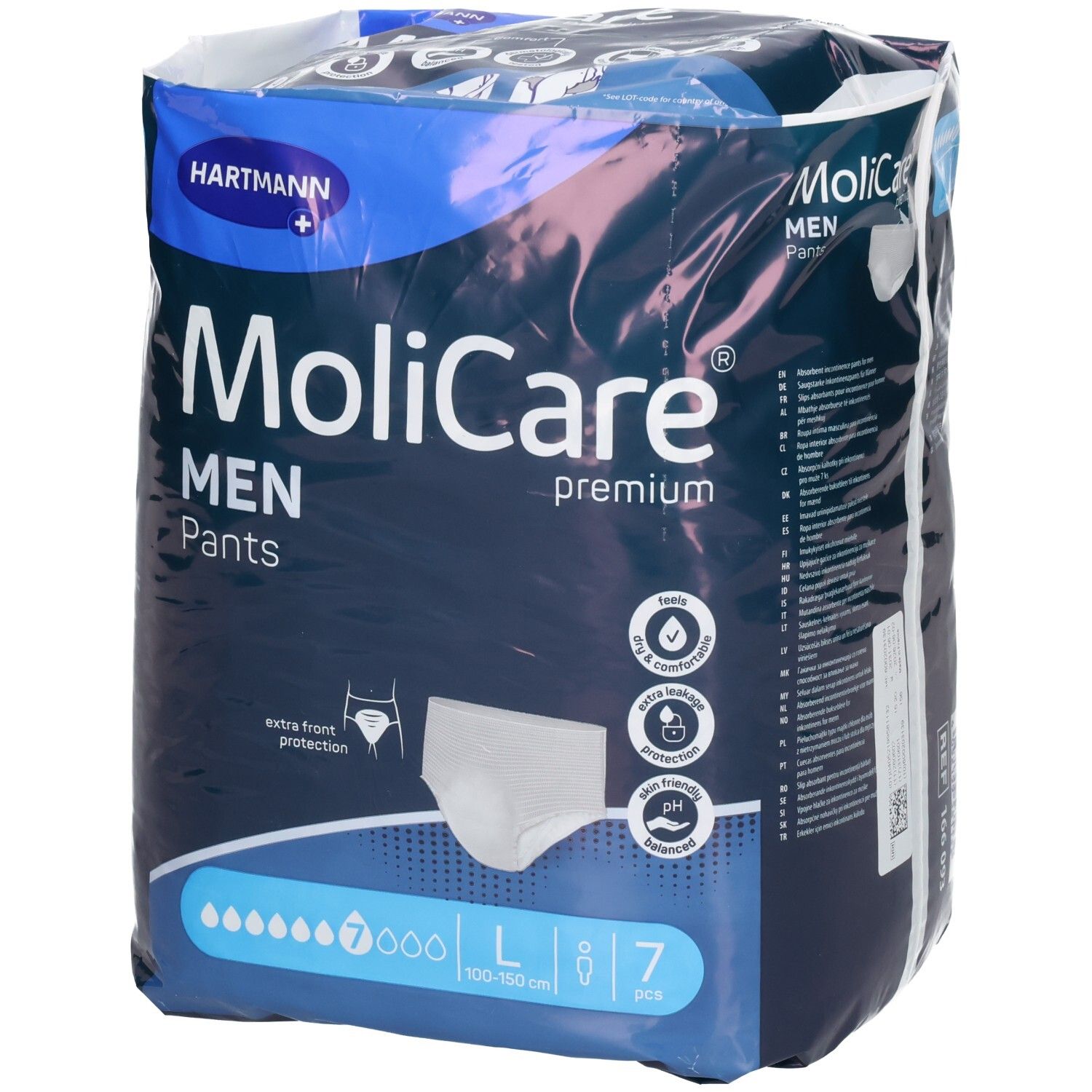 Hartmann MoliCare Premium MEN PANTS L, 7 Stück. Vorderseite mit Saugfähigkeitssymbolen und Größenangabe.