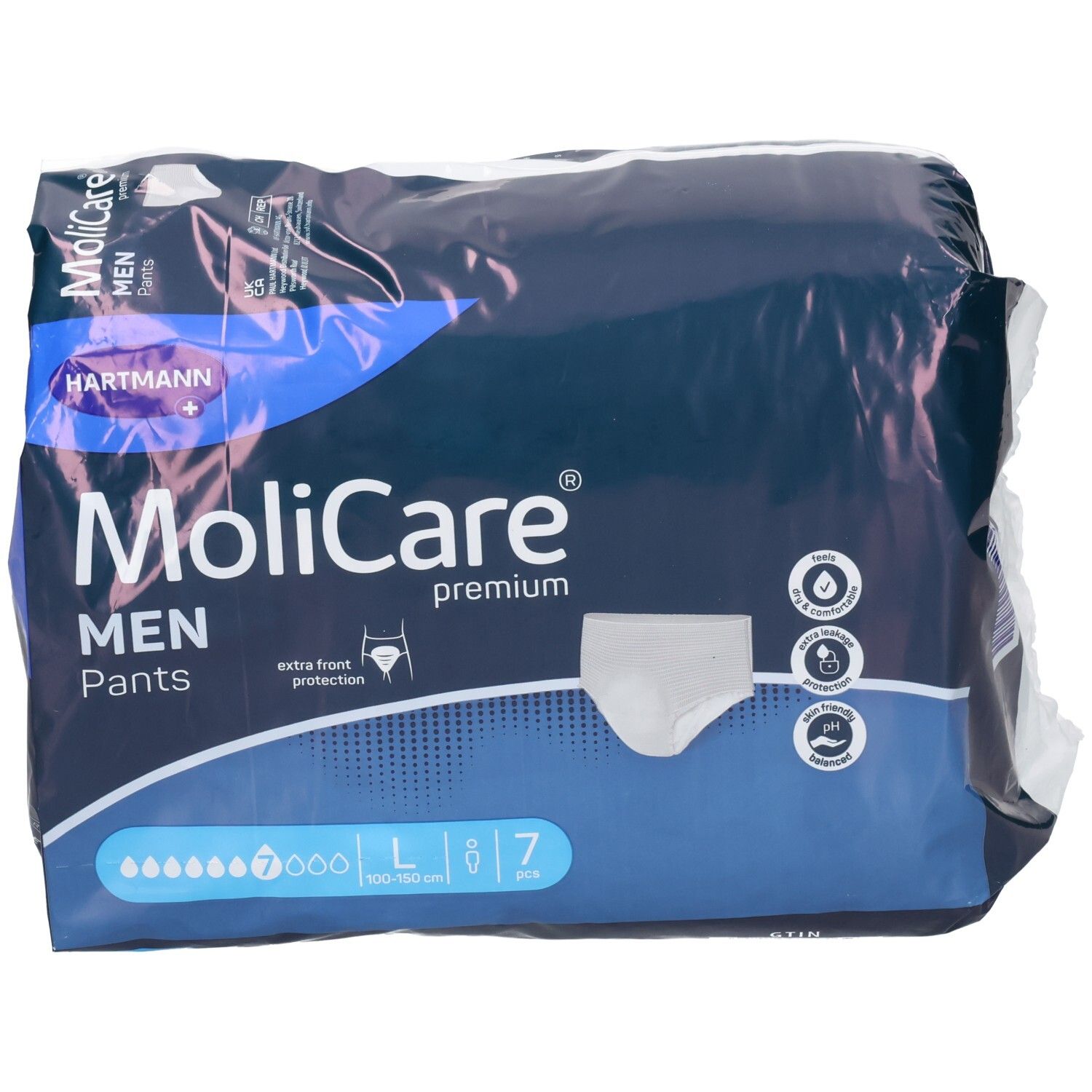 Hartmann MoliCare Premium MEN PANTS L, 7 Stück. Verpackung mit seitlicher Ansicht und Produktmerkmalen.