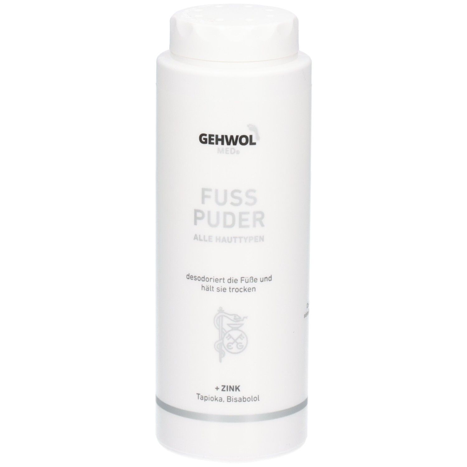 GEHWOL med Fußpuder in weißer Flasche mit silbernem Etikett. Enthält Zink, Tapioka, Bisabolol.