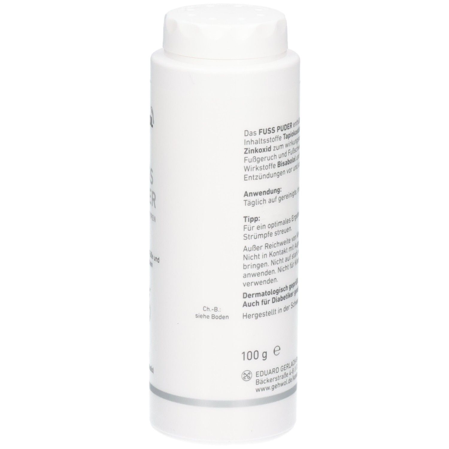 GEHWOL med Fußpuder Flasche, Seitenansicht mit Angabe von 100g und Herstellerinformationen.
