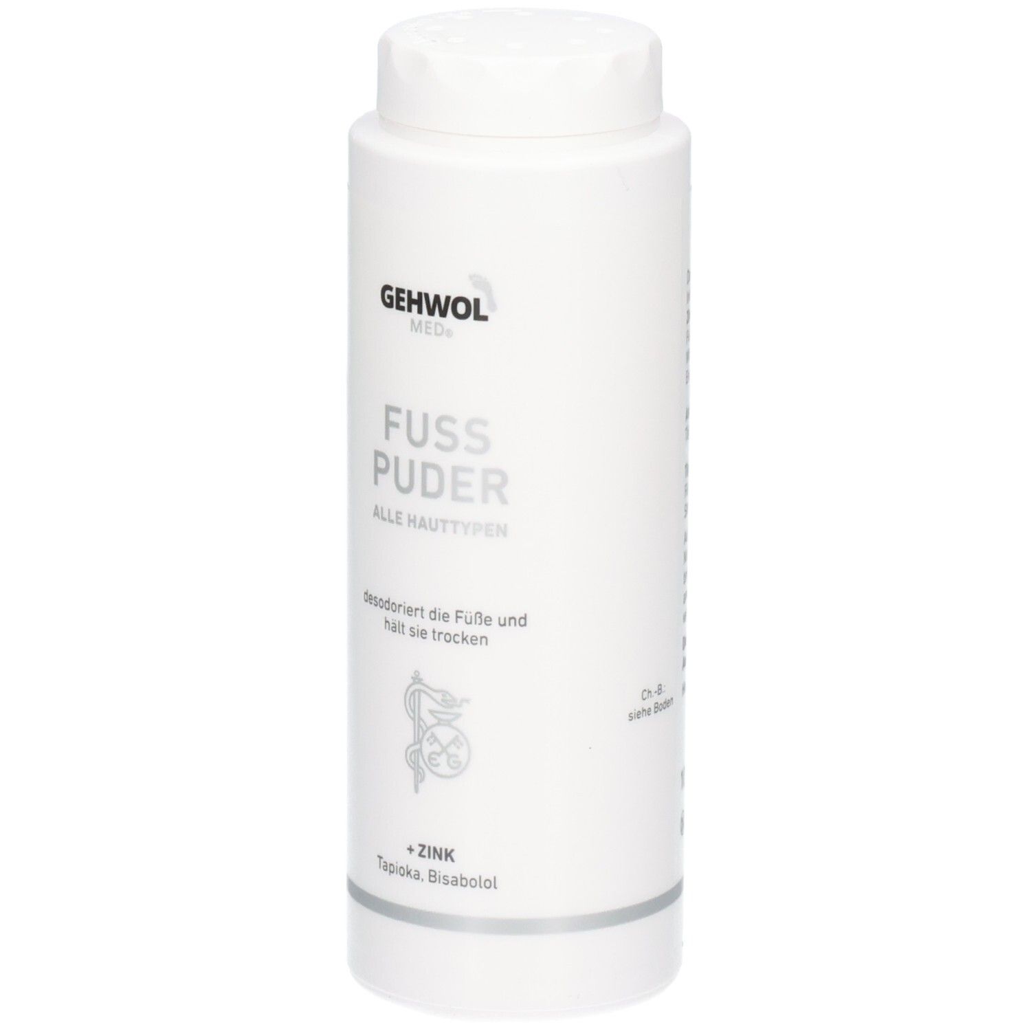 GEHWOL med Fußpuder in weißer Flasche, Vorderseite mit Produktbezeichnung und Inhaltsstoffen.
