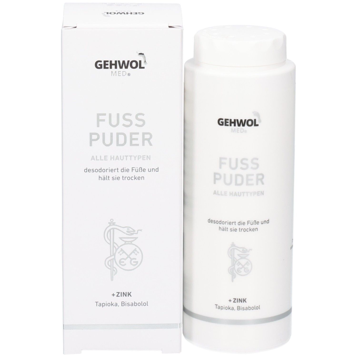GEHWOL med Fußpuder Flasche und Verpackungsschachtel nebeneinander.