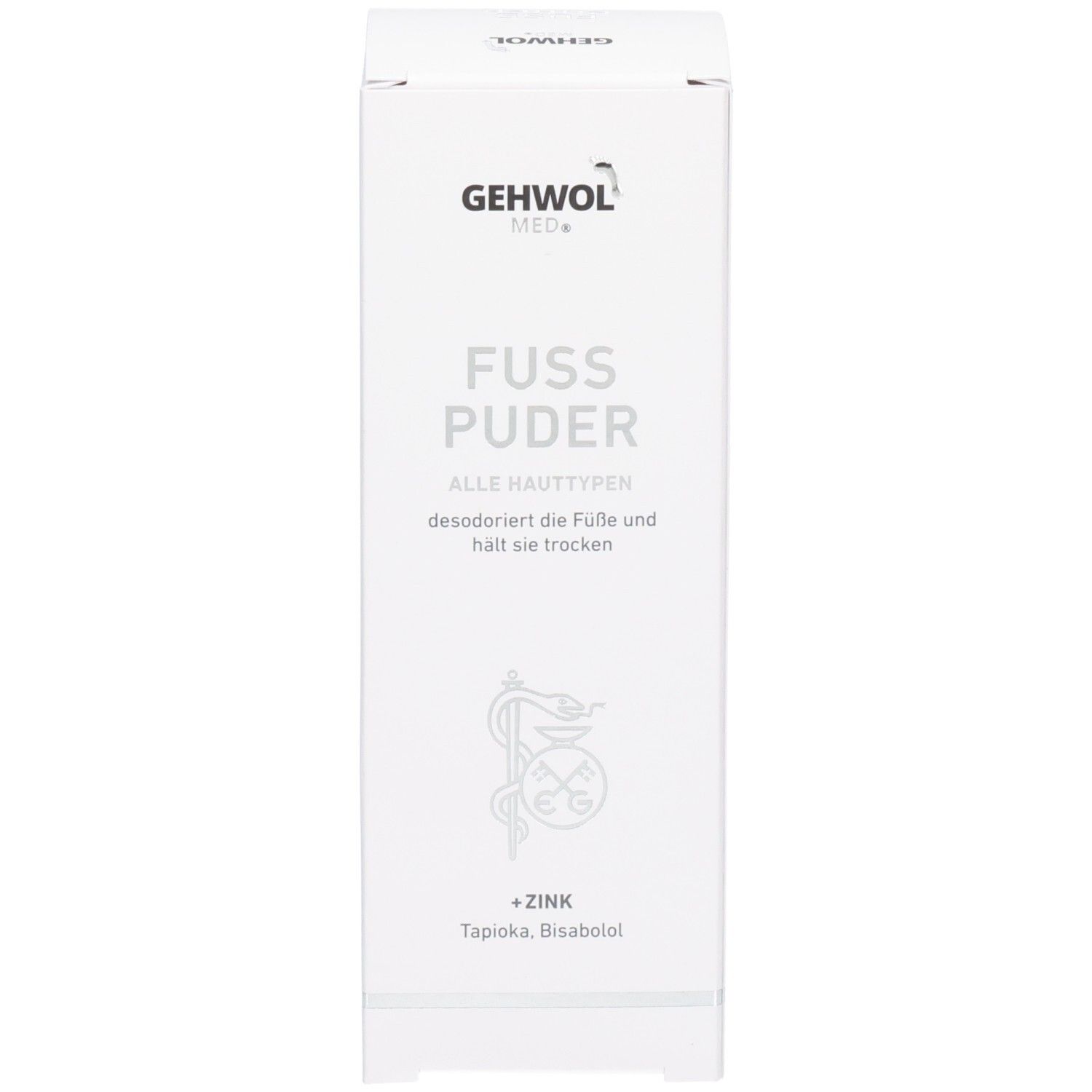 Verpackungsschachtel für GEHWOL med Fußpuder, Vorderseite mit Produktinformationen.