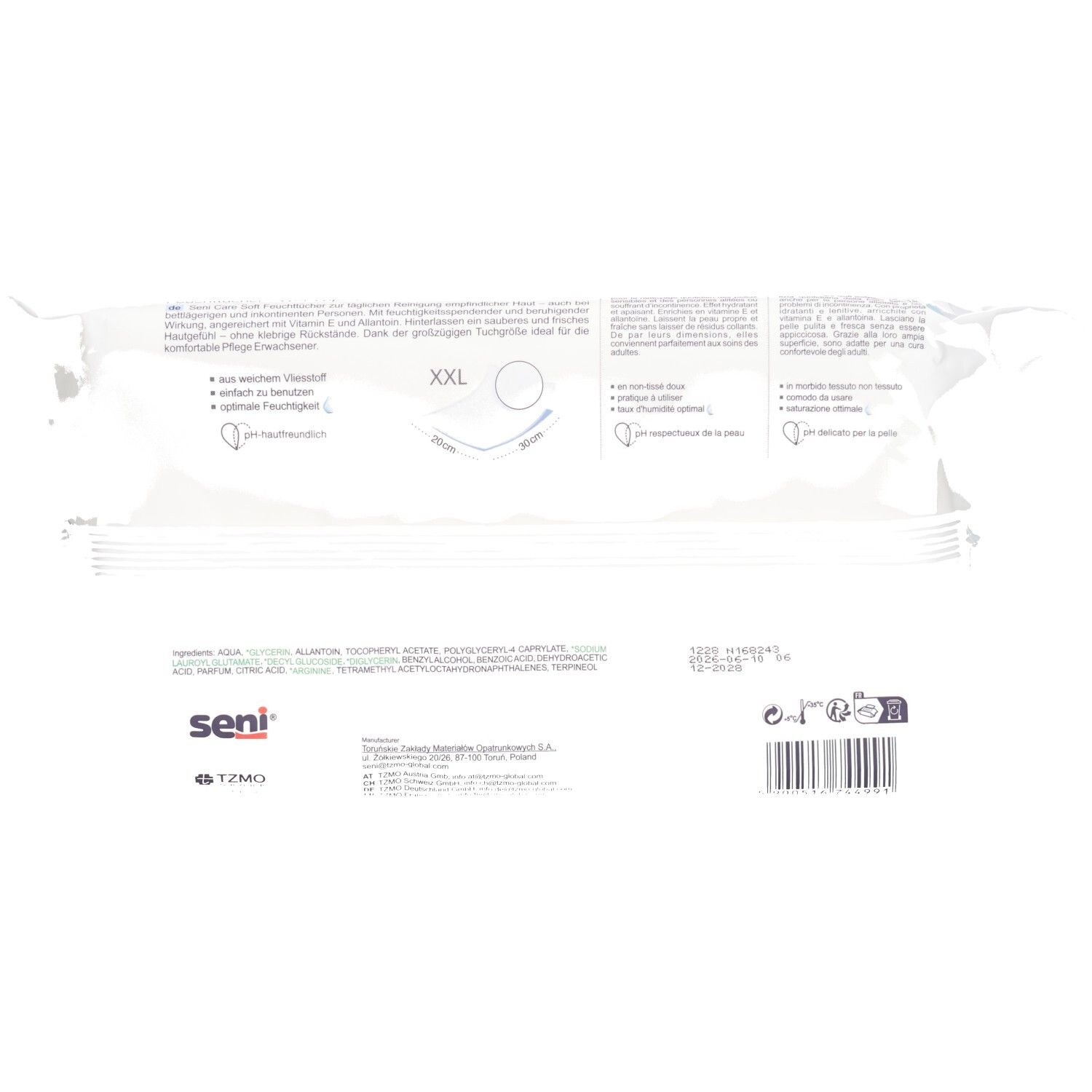 Rückseite der Seni Care Soft Feuchttücher XXL Packung mit Inhaltsstoffen und Anwendungshinweisen.