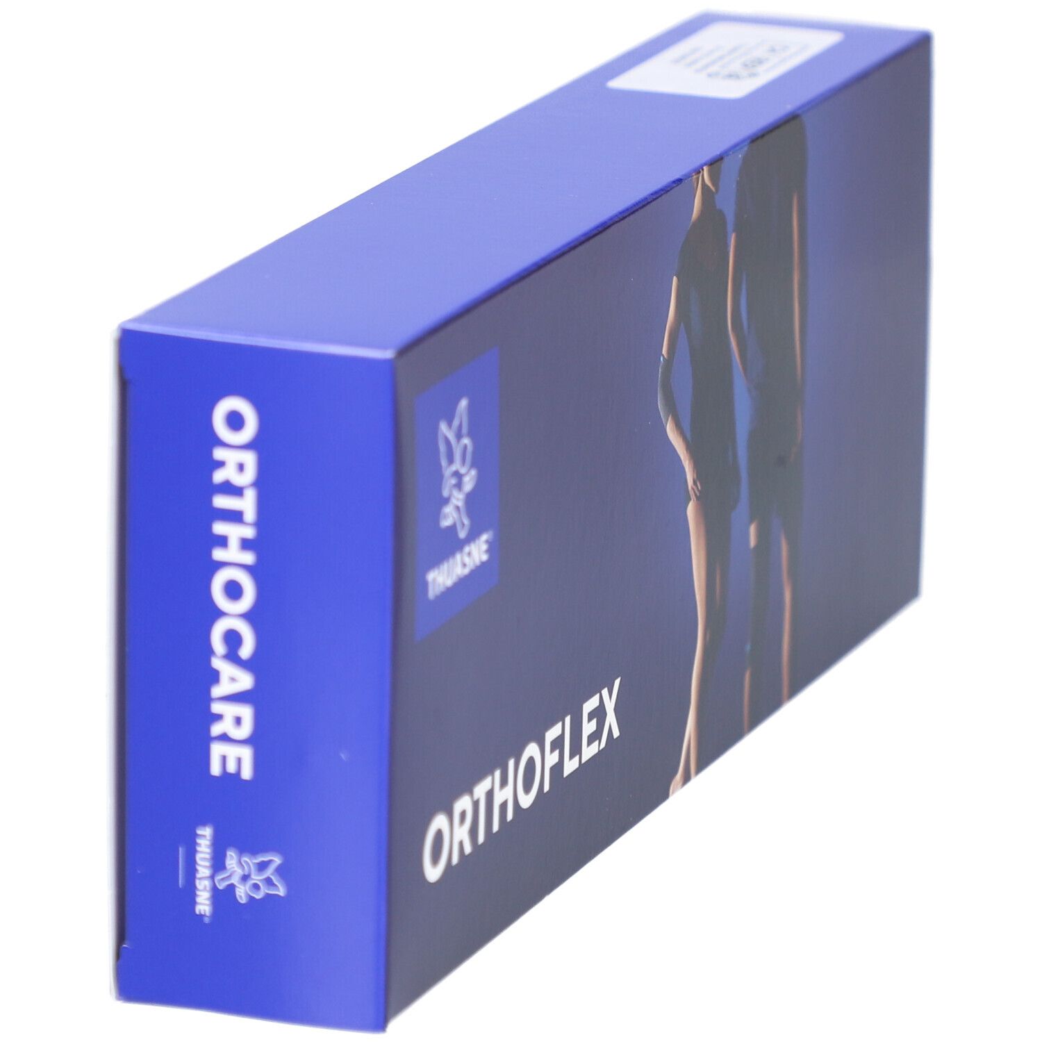 Blaue Schachtel mit THUASNE Logo, ORTHOCARE und ORTHOFLEX Schriftzug. Seitenansicht.