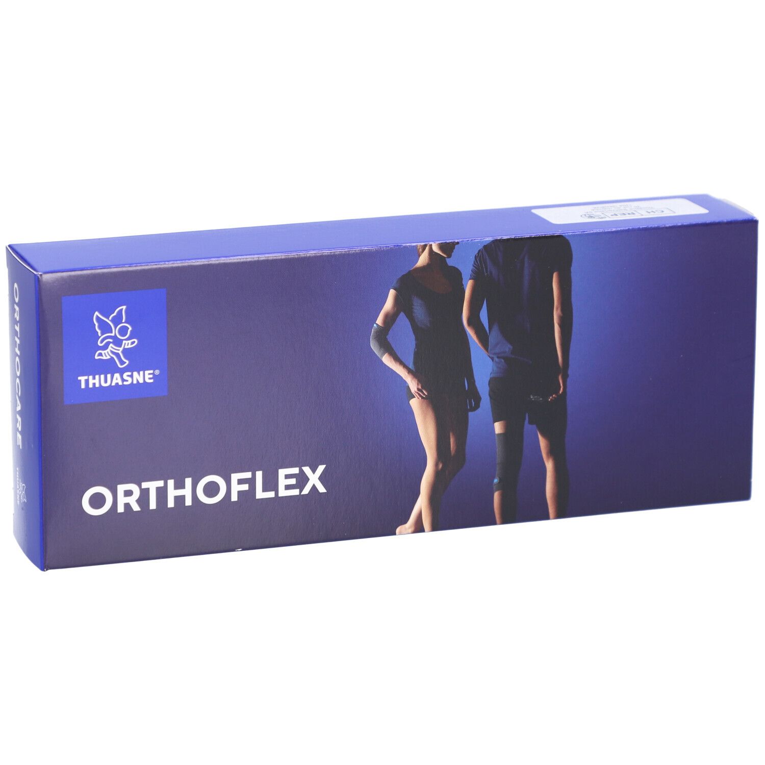 Blaue Schachtel mit THUASNE Logo, ORTHOCARE und ORTHOFLEX Schriftzug. Seitenansicht.