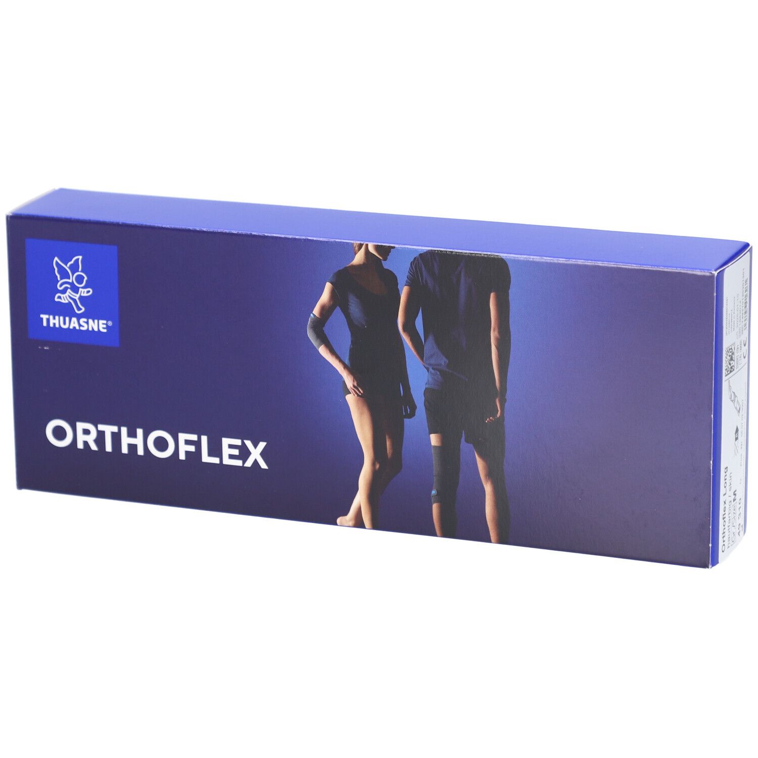 Blauwe Kartonverpakking mit THUASNE logo en ORTHOFLEX opschrift. Afbeelding van een persoon met een bandage.