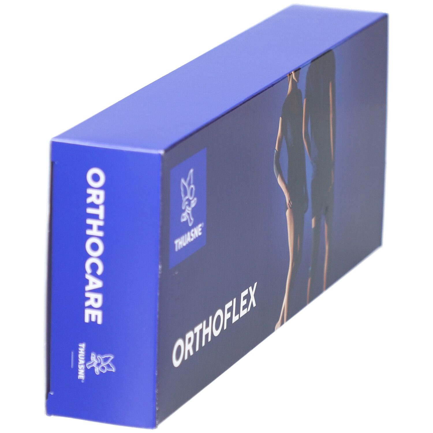 Blaue Kartonverpackung mit THUASNE Logo und ORTHOCARE und ORTHOFLEX Schriftzug. Seitenansicht.