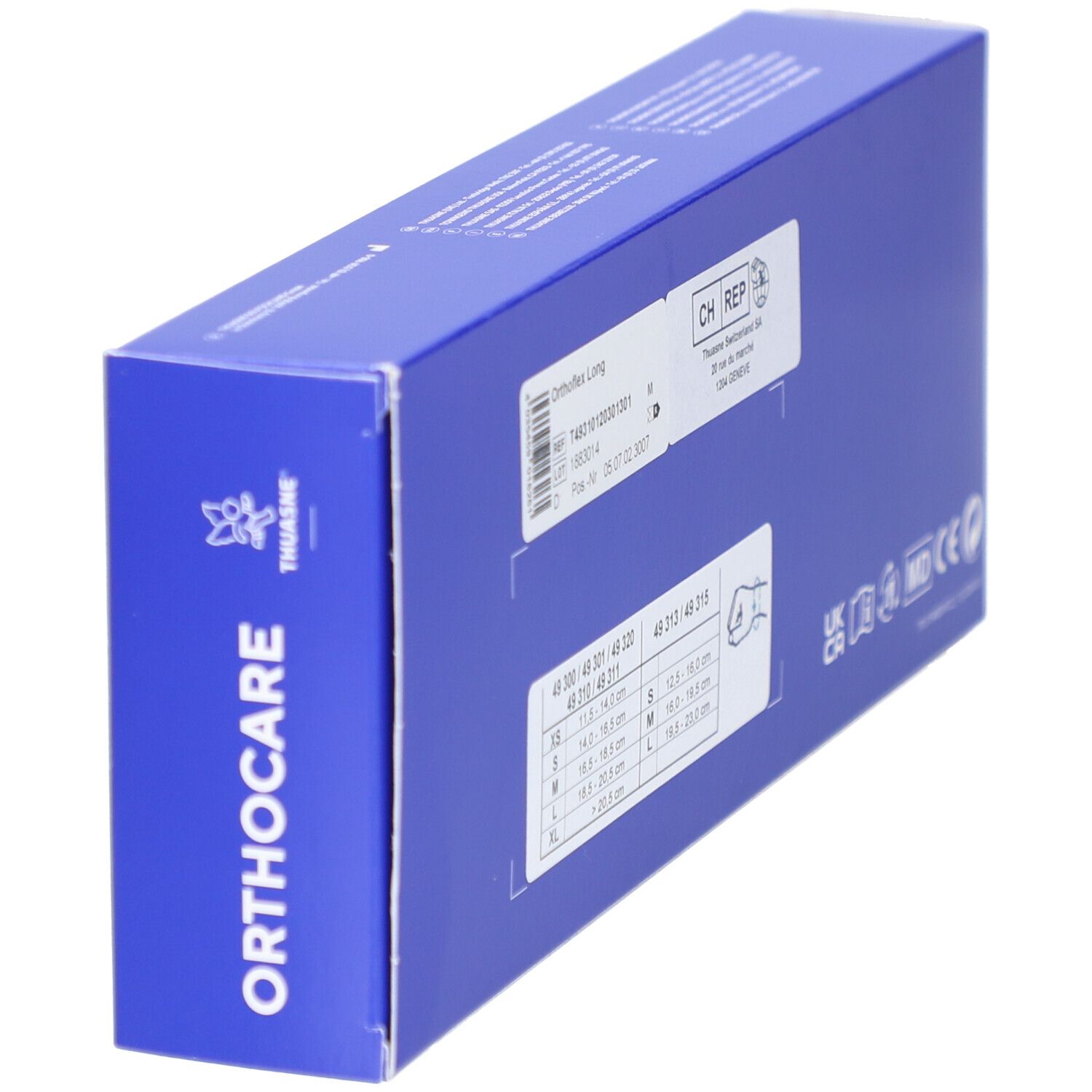 Seitenansicht der blauen Kartonverpackung. Mit THUASNE Logo und ORTHOCARE Schriftzug.
