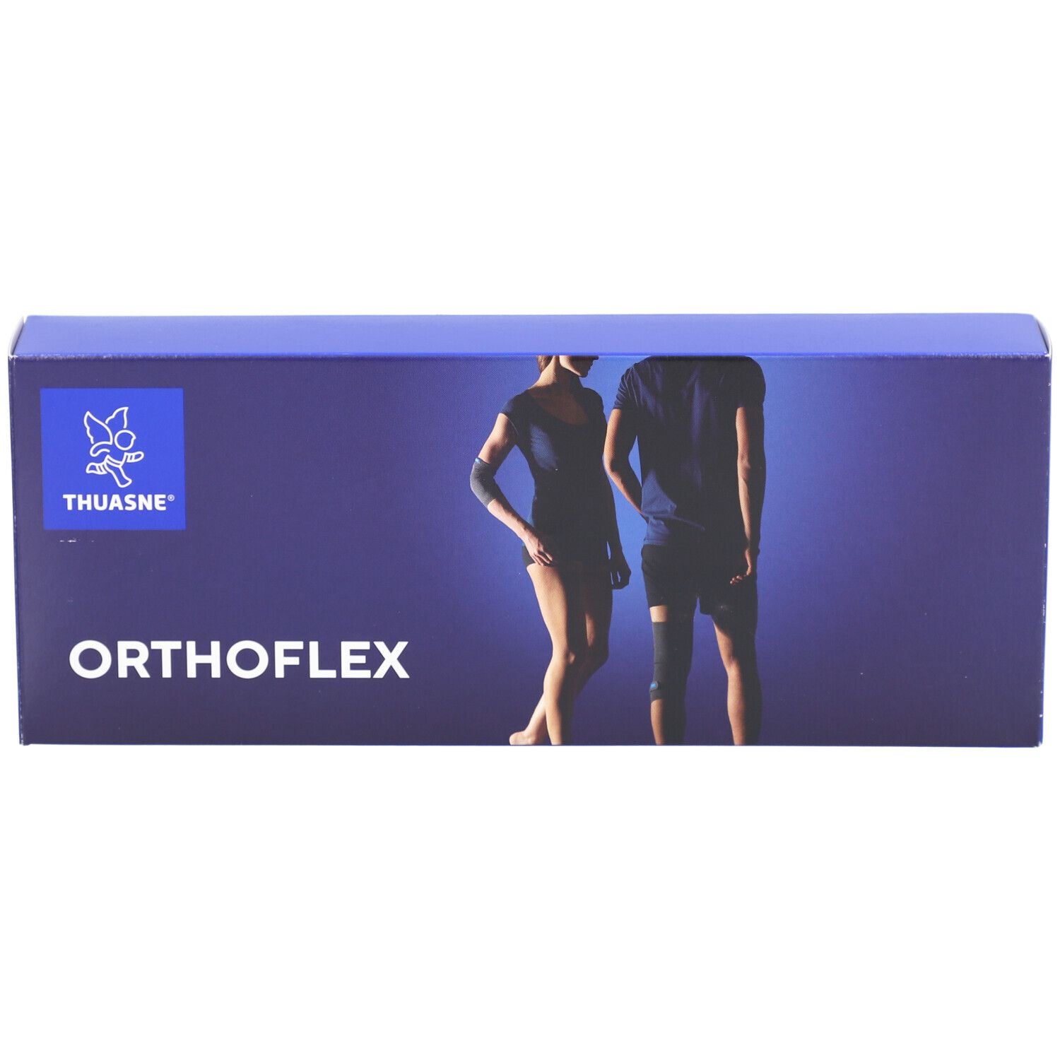 Blaue Kartonverpackung mit THUASNE Logo und ORTHOFLEX Schriftzug. Abbildung einer Person mit Bandage.