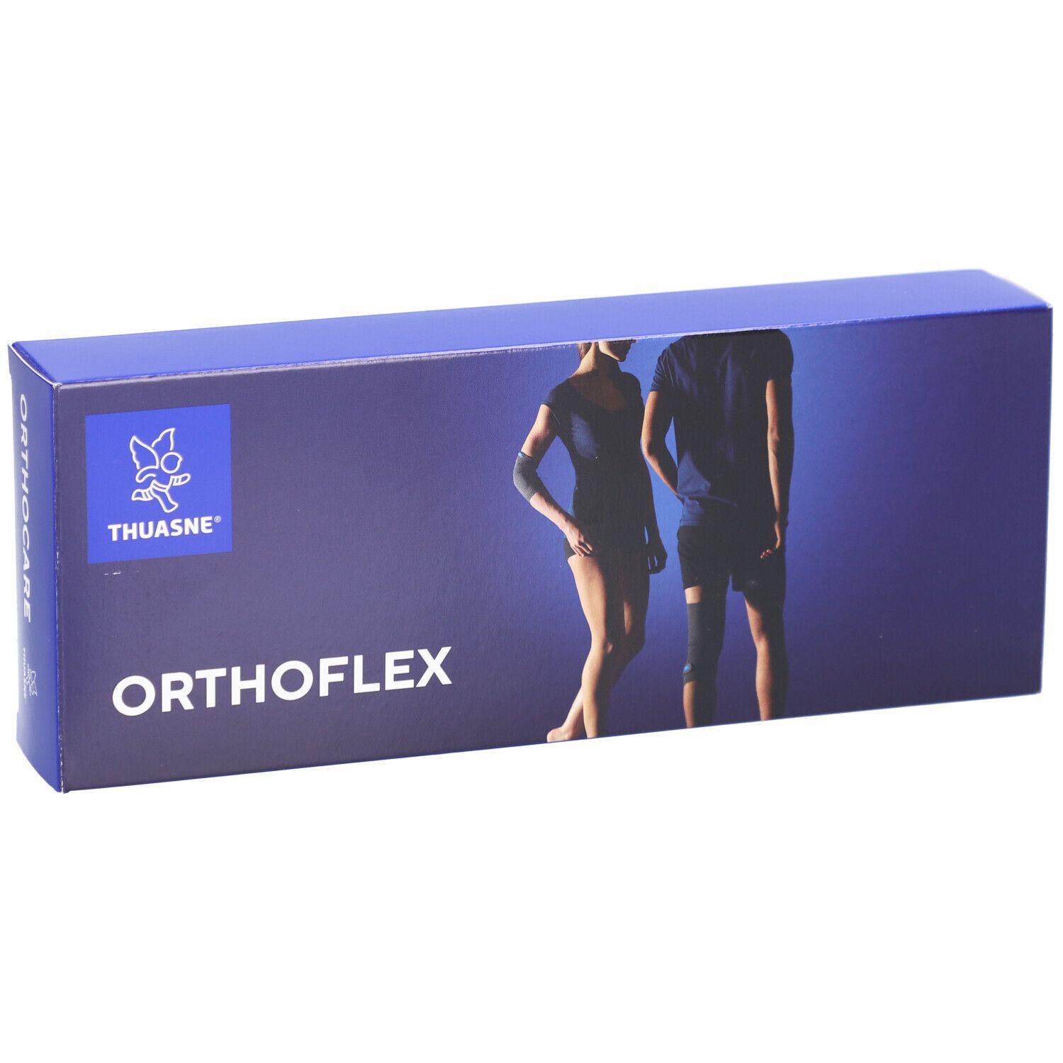 Blaue Kartonverpackung mit THUASNE Logo und ORTHOFLEX Schriftzug. Abbildung einer Person mit Bandage.