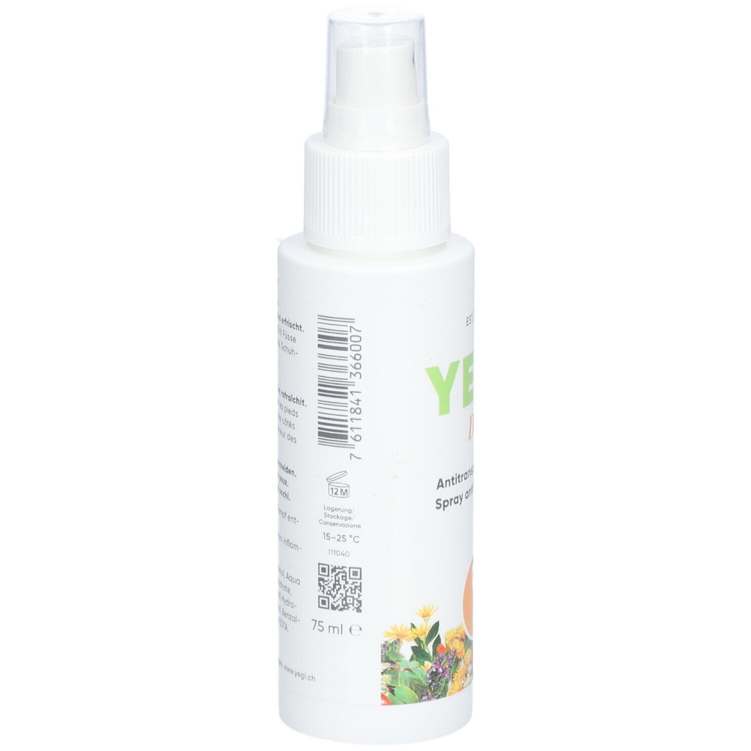 Weiße Sprühflasche, Seitenansicht. Text und QR-Code. 75 ml. YEGI Deo Antitrnaspirant-Spray.