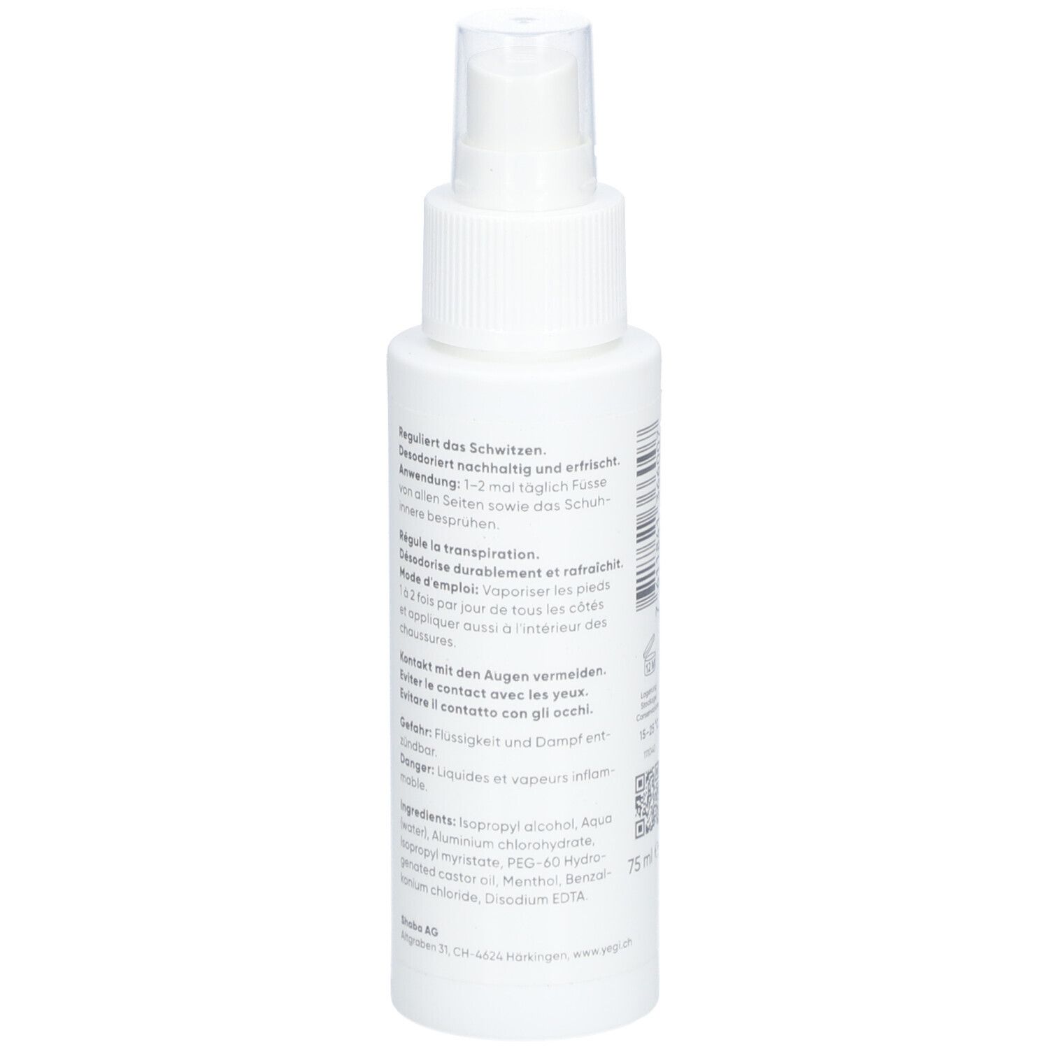 Weiße Sprühflasche, Rückseite. Text in Deutsch, Französisch und Italienisch. Inhaltsstoffe. 75 ml.