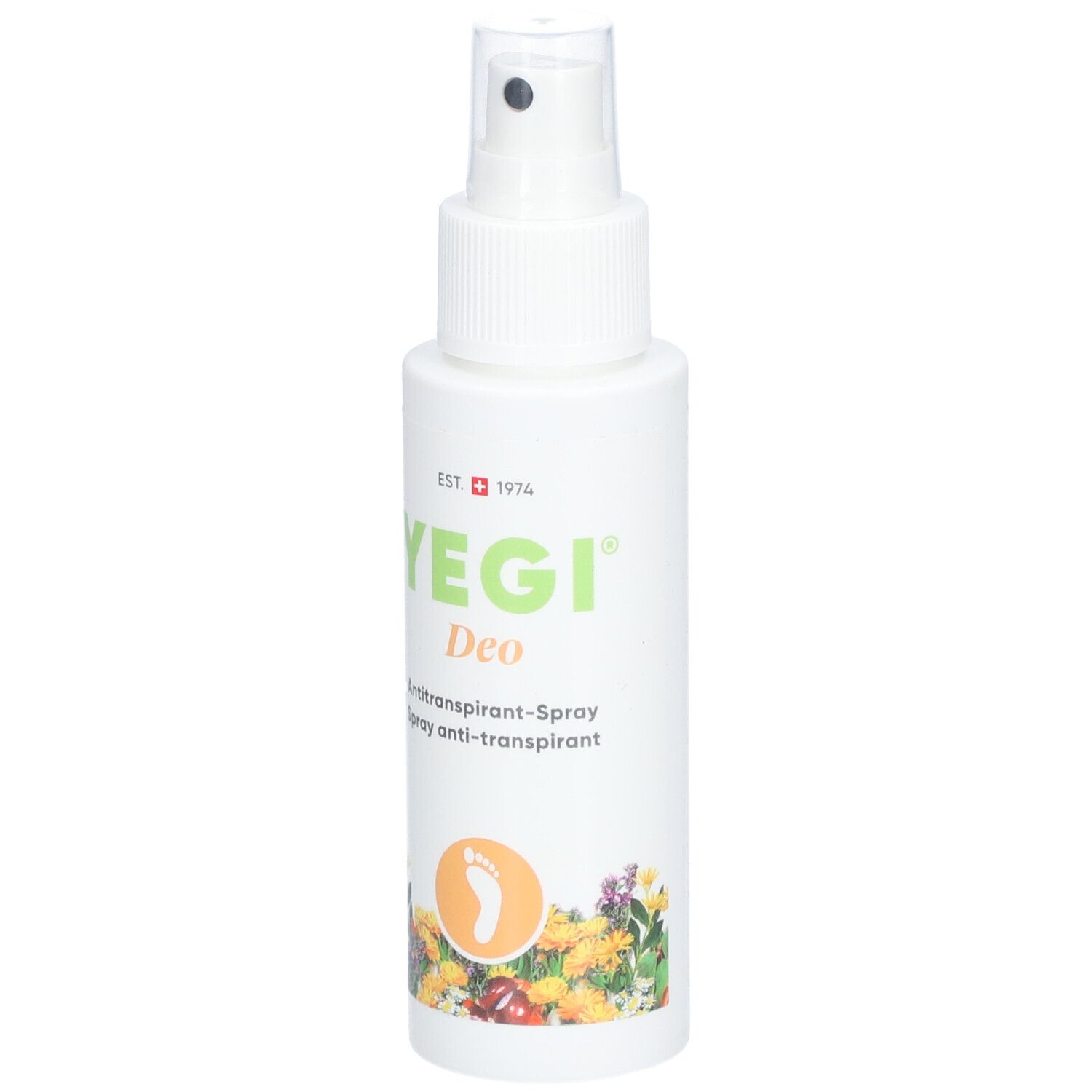Weiße Sprühflasche mit YEGI Deo-Logo und Fußsymbol. Text: Antitrnaspirant-Spray. Schweizer Kreuz.