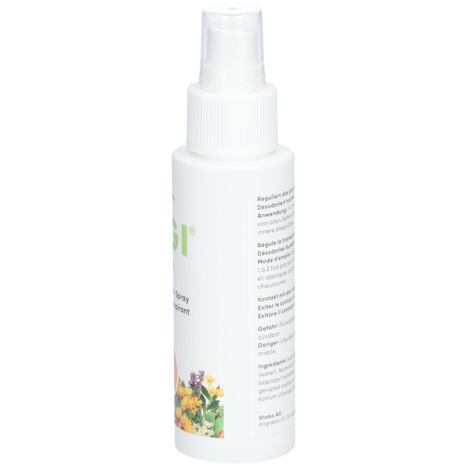 Weiße Sprühflasche, Seitenansicht. Text in Deutsch, Französisch und Italienisch. Inhaltsstoffe. 75 ml.