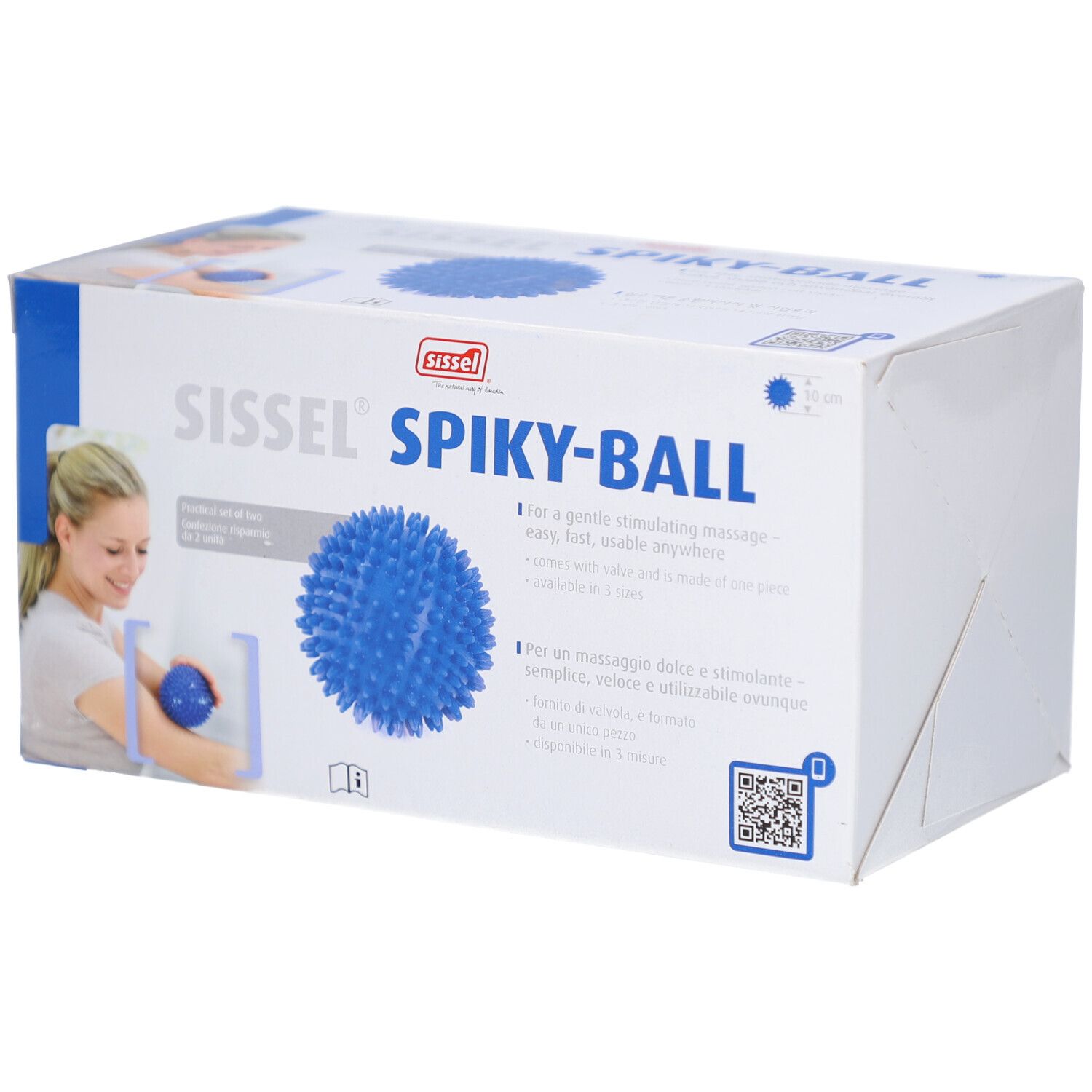 Verpackung der Sissel® Spiky-Ball. Blaue Stachelkugel, Produktname und Logo. Text in Deutsch und Französisch. Frau mit Ball abgebildet.