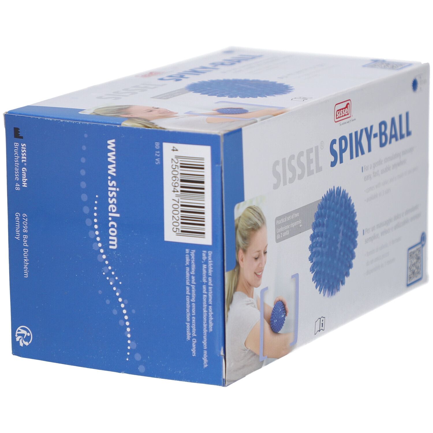 Verpackung der Sissel® Spiky-Ball. Blaue Stachelkugel, Produktname und Logo. Text in Deutsch und Französisch. Frau mit Ball abgebildet.