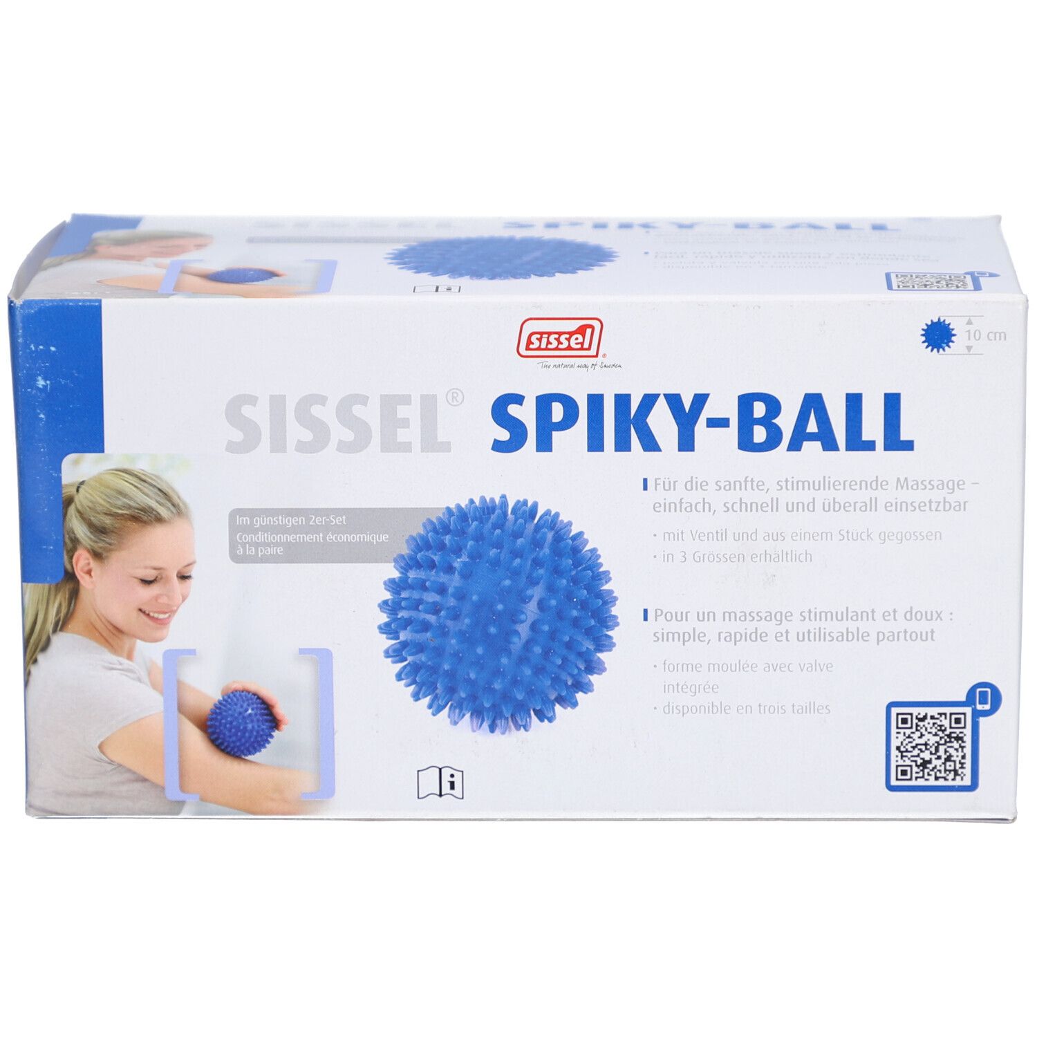 Verpackung der Sissel® Spiky-Ball. Blaue Stachelkugel, Produktname und Logo. Text in Deutsch und Französisch. Frau mit Ball abgebildet.