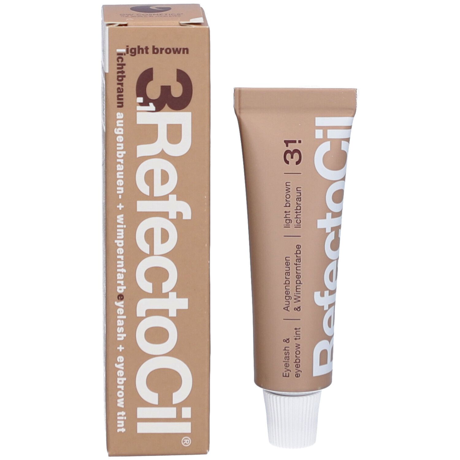 Refectocil 3.1, hellbraun, mit Verpackung. Augenbrauen- und Wimpernfarbe. Beige Verpackung und Tube.