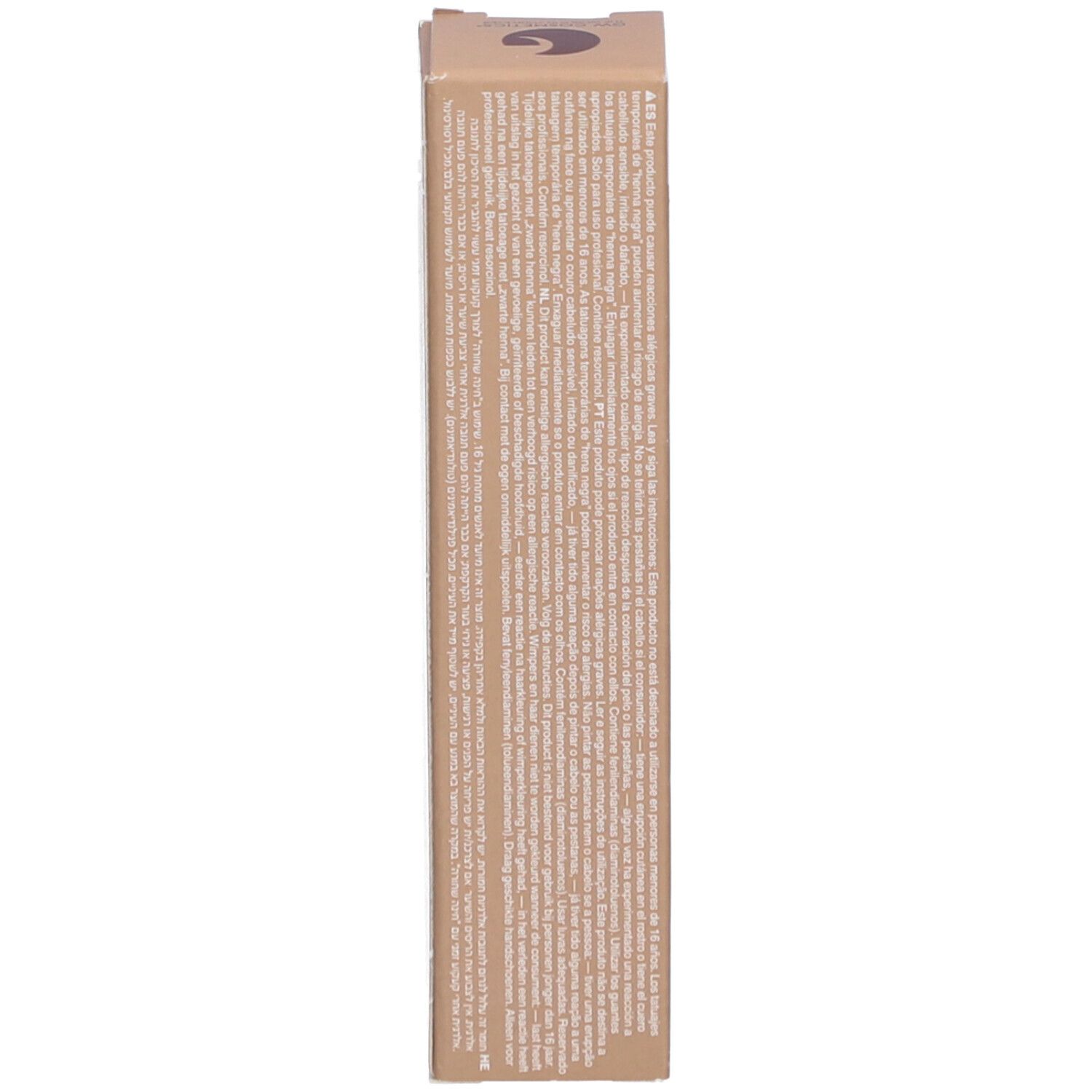 Seite der Refectocil Verpackung. Text in mehreren Sprachen. Beige Verpackung.