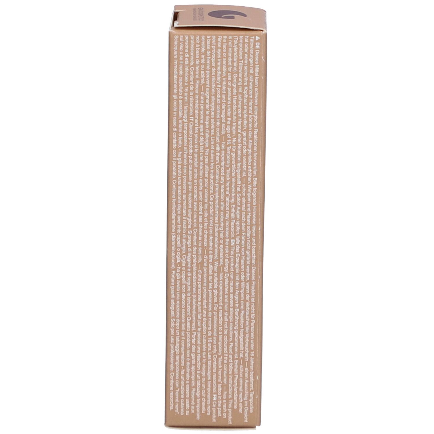 Seite der Refectocil Verpackung. Text in mehreren Sprachen. Beige Verpackung.