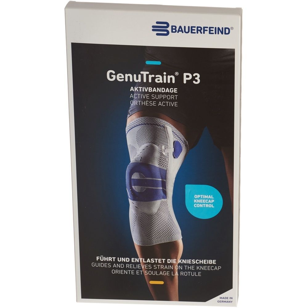 Verpackung der Knieorthese. Aufschrift: Bauerfeind GenuTrain P3, Aktivbandage, Active Support, Orthese Active. Optimal Kniekontrolle.