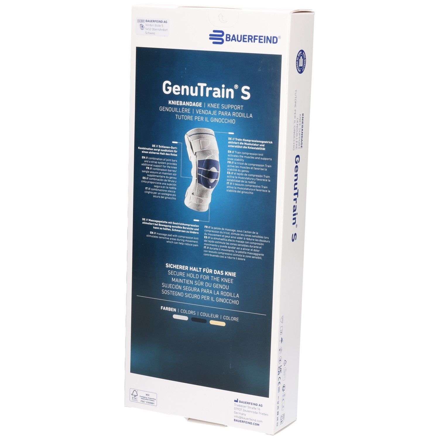 Bauerfeind GenuTrain S Kniebandage-Verpackung, Rückseite mit Produktinformationen.