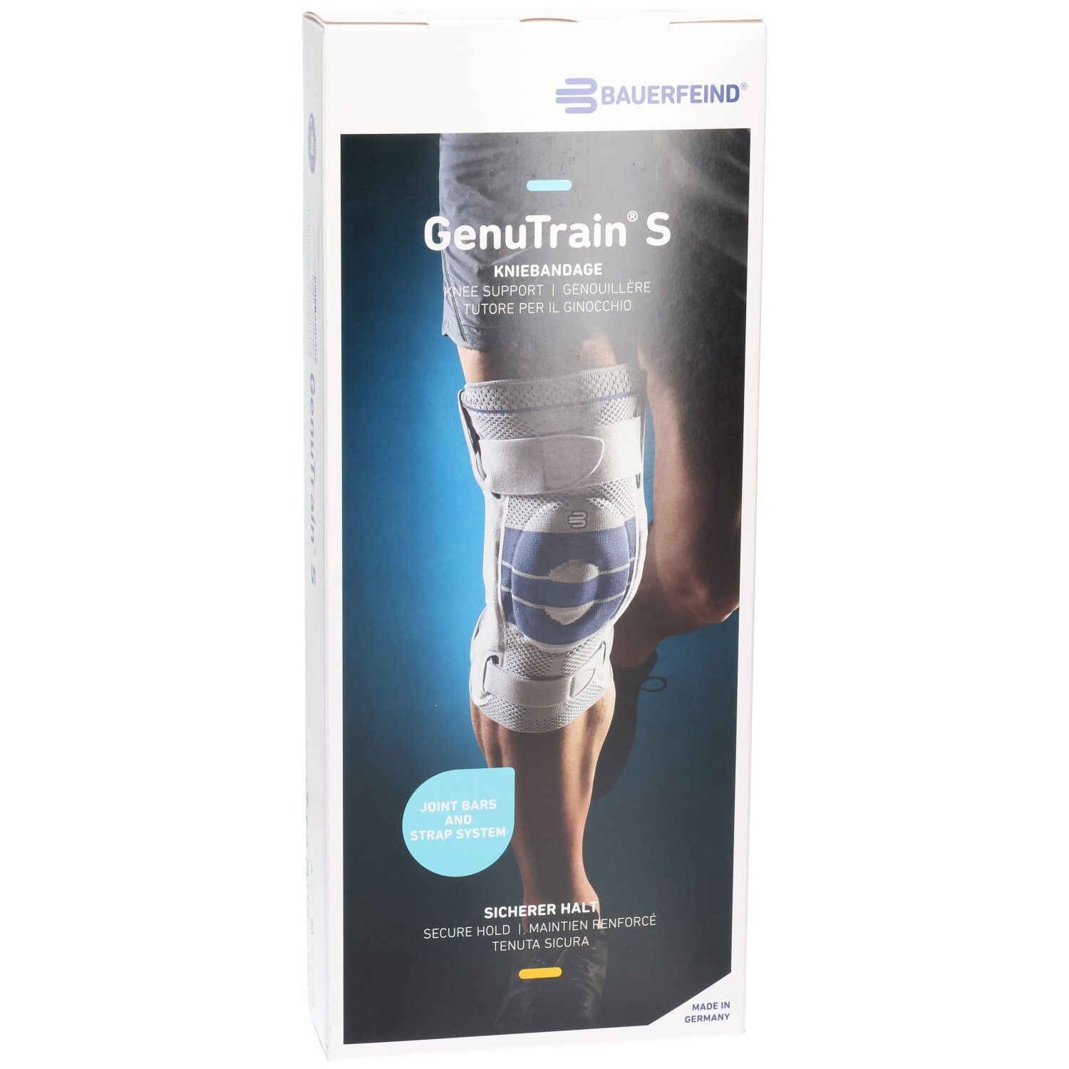Bauerfeind GenuTrain S Kniebandage-Verpackung mit Abbildung einer Kniebandage.