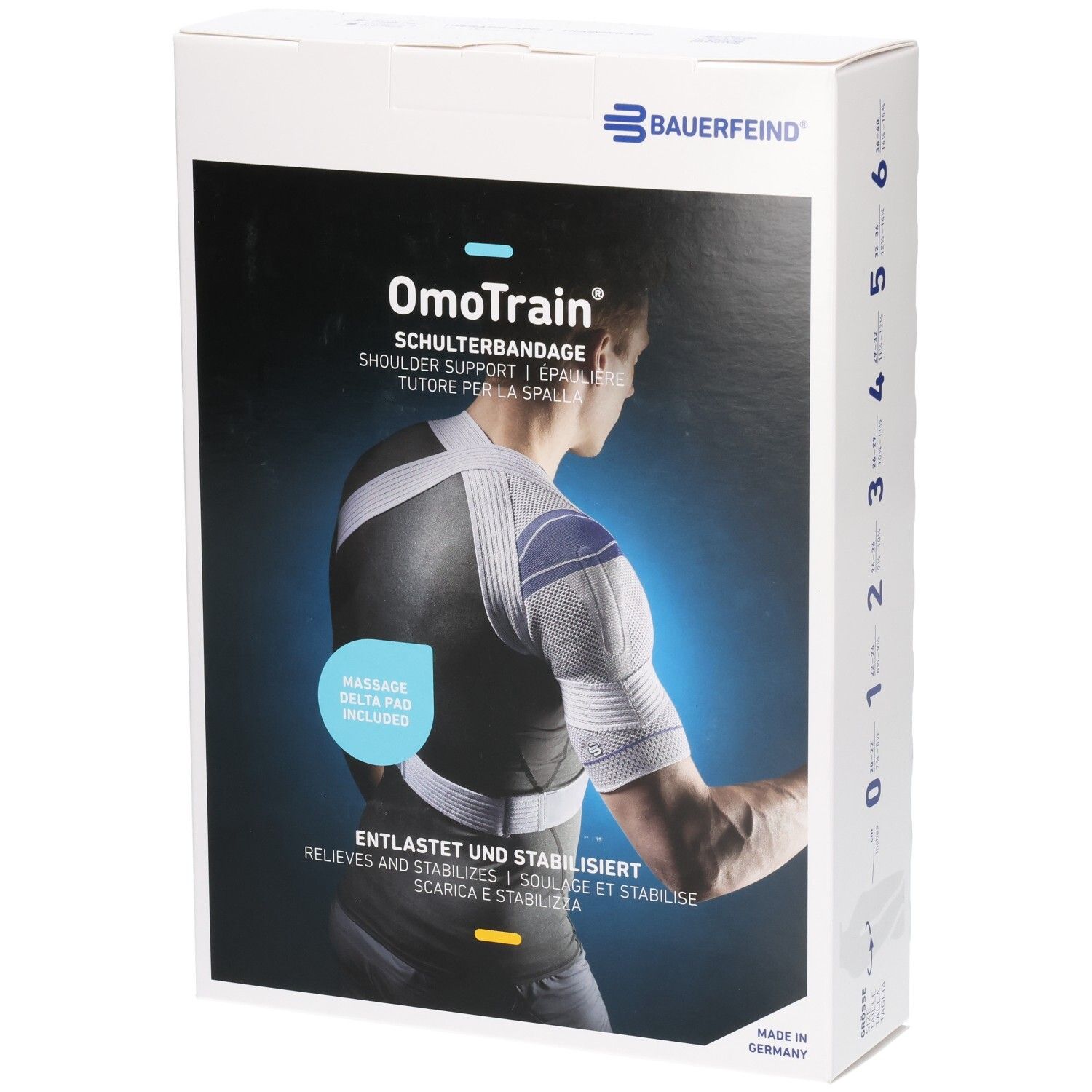 Verpackung der BAUERFEIND OmoTrain Schulter-Aktivbandage mit Abbildung eines Mannes, der die Bandage trägt.